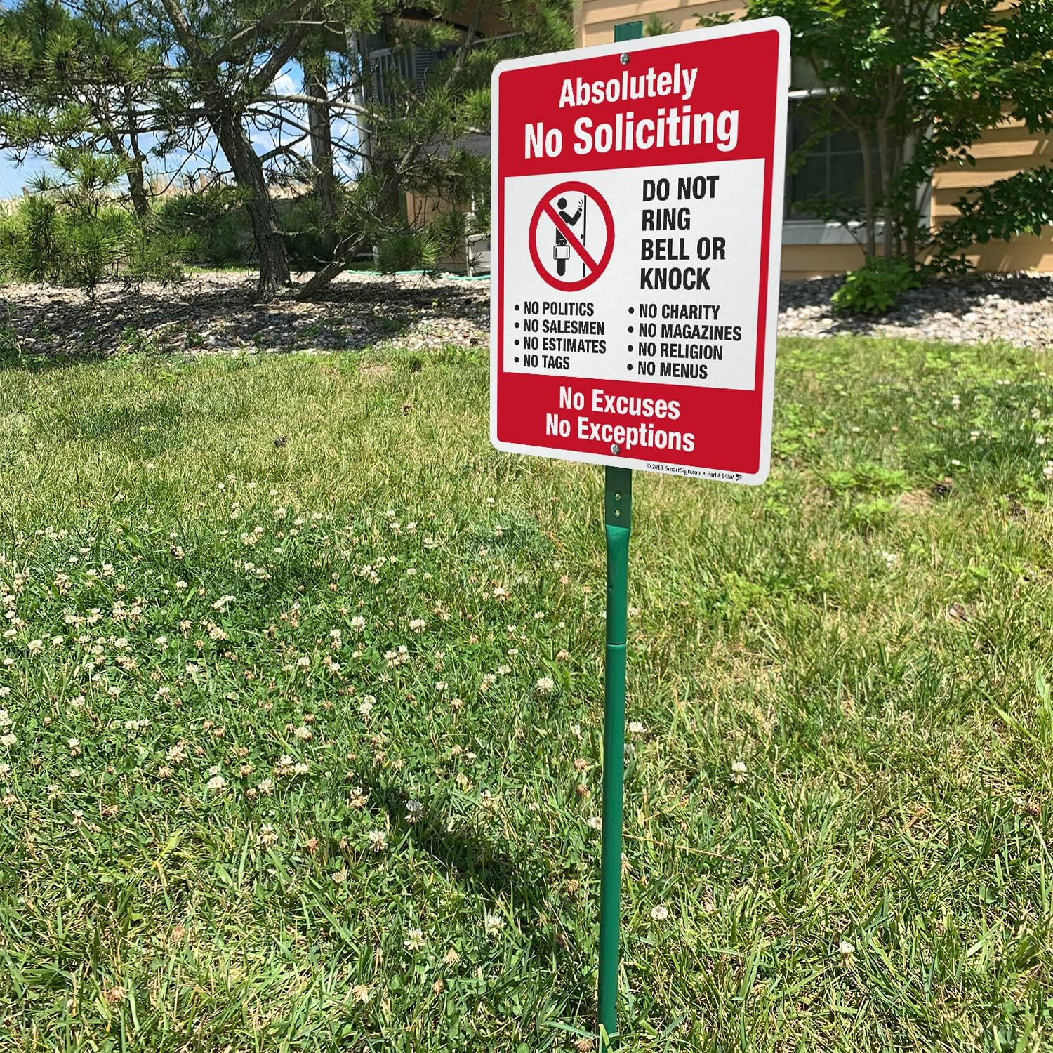 SmartSign 12" x 10" 'Absolutely No Soliciting No Excuses, No Exceptions, Do Not Ring/Knock' Yard Sign with 3 ft Stake, 40 mil Laminated Aluminum, Red, Black and White, Set of 1