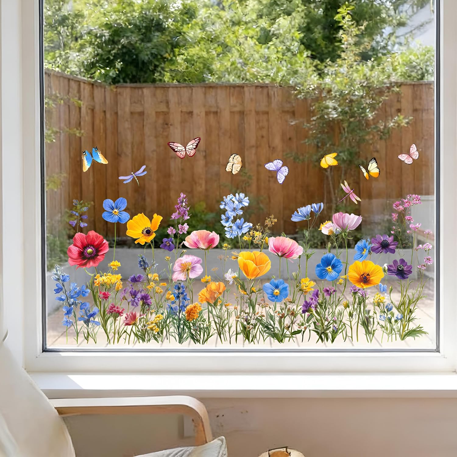 Flower Window Clings, Colorful Wildflower Window Clings, Floral Bouquet Decals with Butterflies and Dragonflies, Lily Peony Poppy Grass Stickers for Bedroom Living Room Office Home Decoration