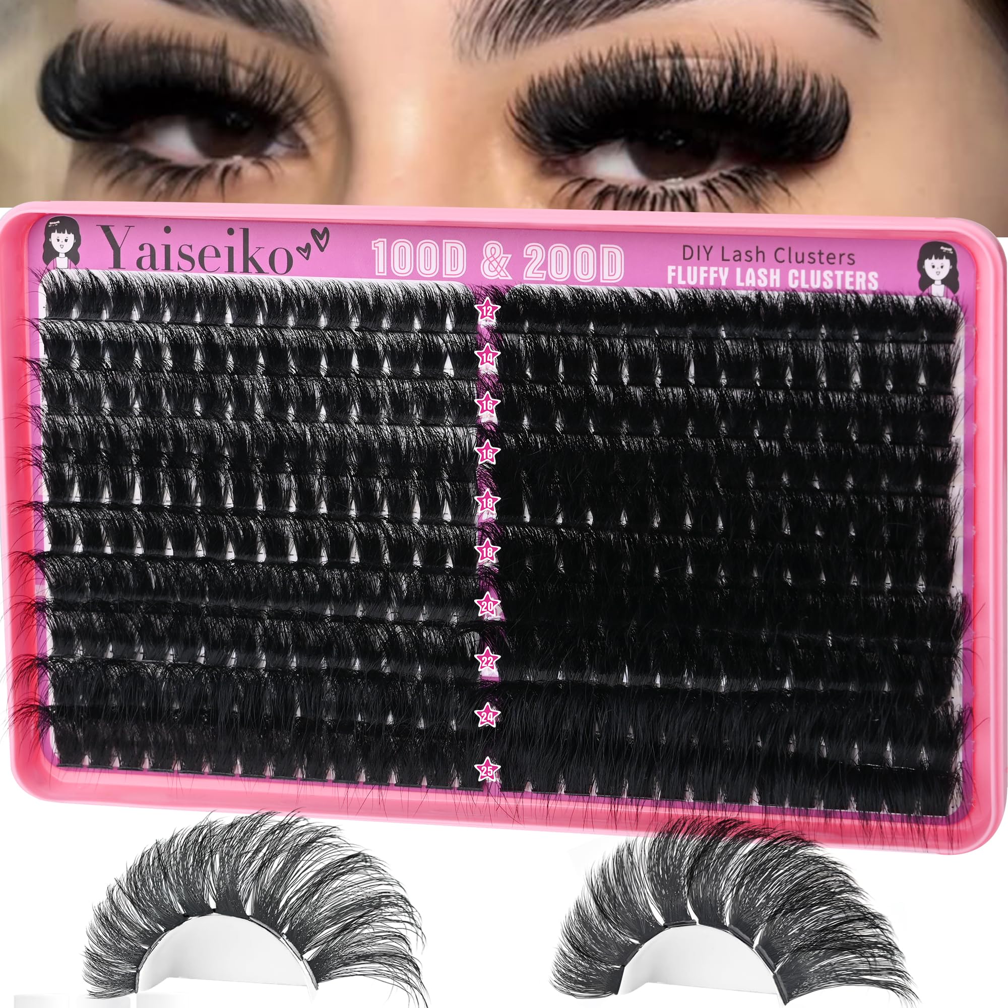 Fluffy Lash Clusters 100D+200D Thick Eyelash Clusters 12-25mm Wispy Individual Mega Volume Lashes D Curl Cluster Eyelash Extensions 280Pcs DIY Lash Extension at Home, by Yaiseiko(Plant Fiber)