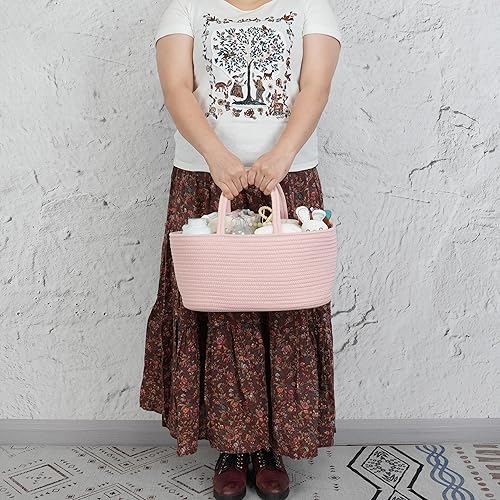 Miniatura 3 de Organizador de pañales de cuerda de algodón, cesta de bebé, almacenamiento y bolsa portátil para automóvil, ideal para baby shower, regalos y Rosa