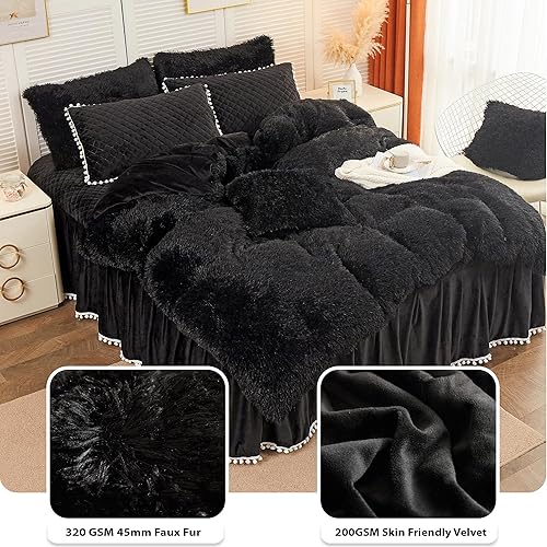 Miniatura 5 de LIFEREVO - Juego de funda de duvet lujosa de felpa (1 funda de duvet de piel sintética + 2 fundas de almohada decorativa con borde de pompones),