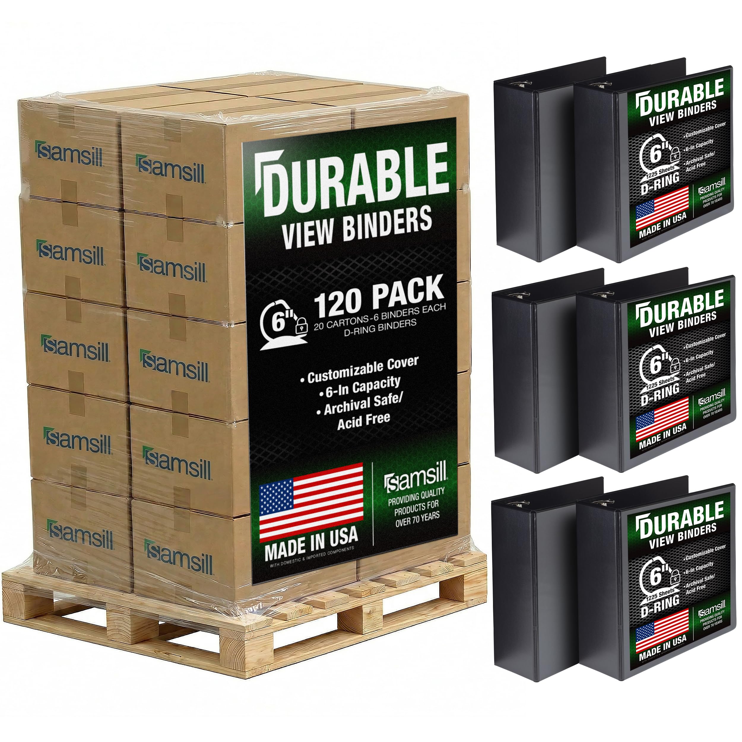 Samsill 6 Inch 3-Ring D-Ring Binder, Locking, Black, Pallet of 120 | Heavy-Duty Recycled Chipboard - main product image