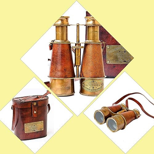 Antiguo hecho a mano marrón cuero latón telescopio brillante prismáticos de latón con bolsa de cuero náutico