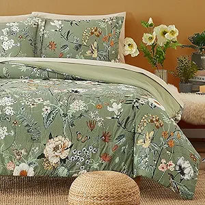 CASAAGUSTO Queen Comforter Set, 7 PCS Green Butterfly Floral Comforter Set with Flowers Leaves Pattern, Soft Seersucker Design All Season Queen Size Bedding Set(90"X90")
