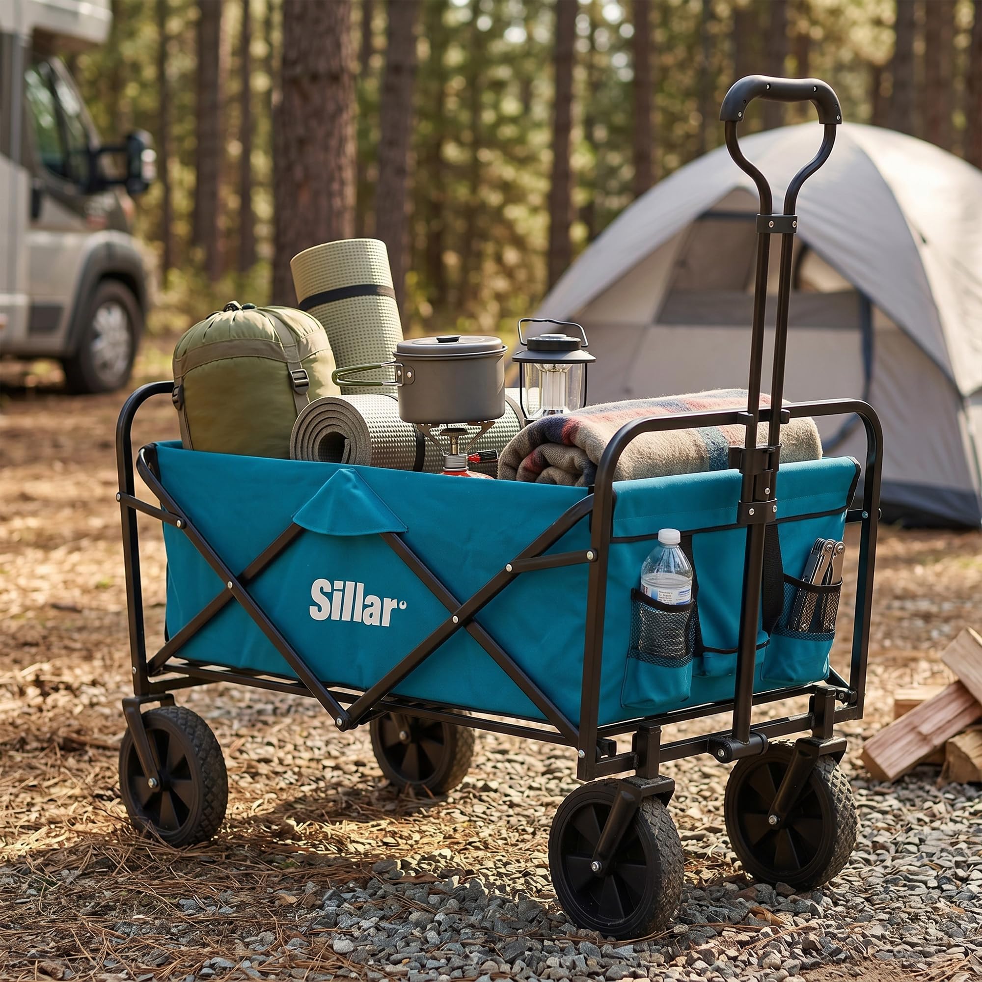Sillar Carrello pieghevole da giardino, compatto con maniglia, 4 ruote in PVC rinforzato, capacità di carico fino 80 kg, per esterni, giardino, 100 l, 2 tasche aggiuntive per bevande sul davanti, blu