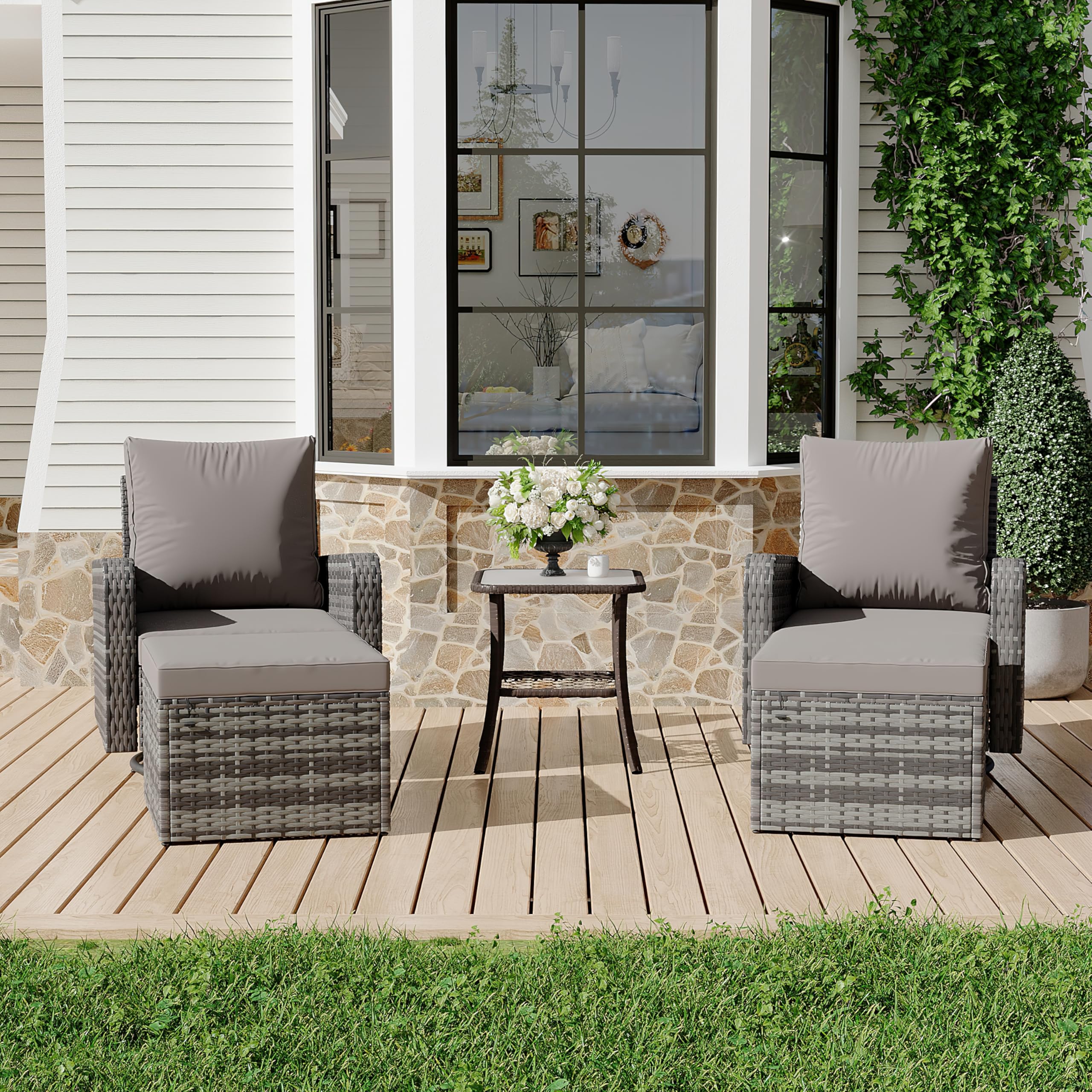 HOMREST 5 Piece Outdoor Patio Furniture Set-360 Wicker Swivel Chairs Set of 2 w/ 2 Ottoman, Coffee Table & Cushions Patio Bistro Set for Garden,