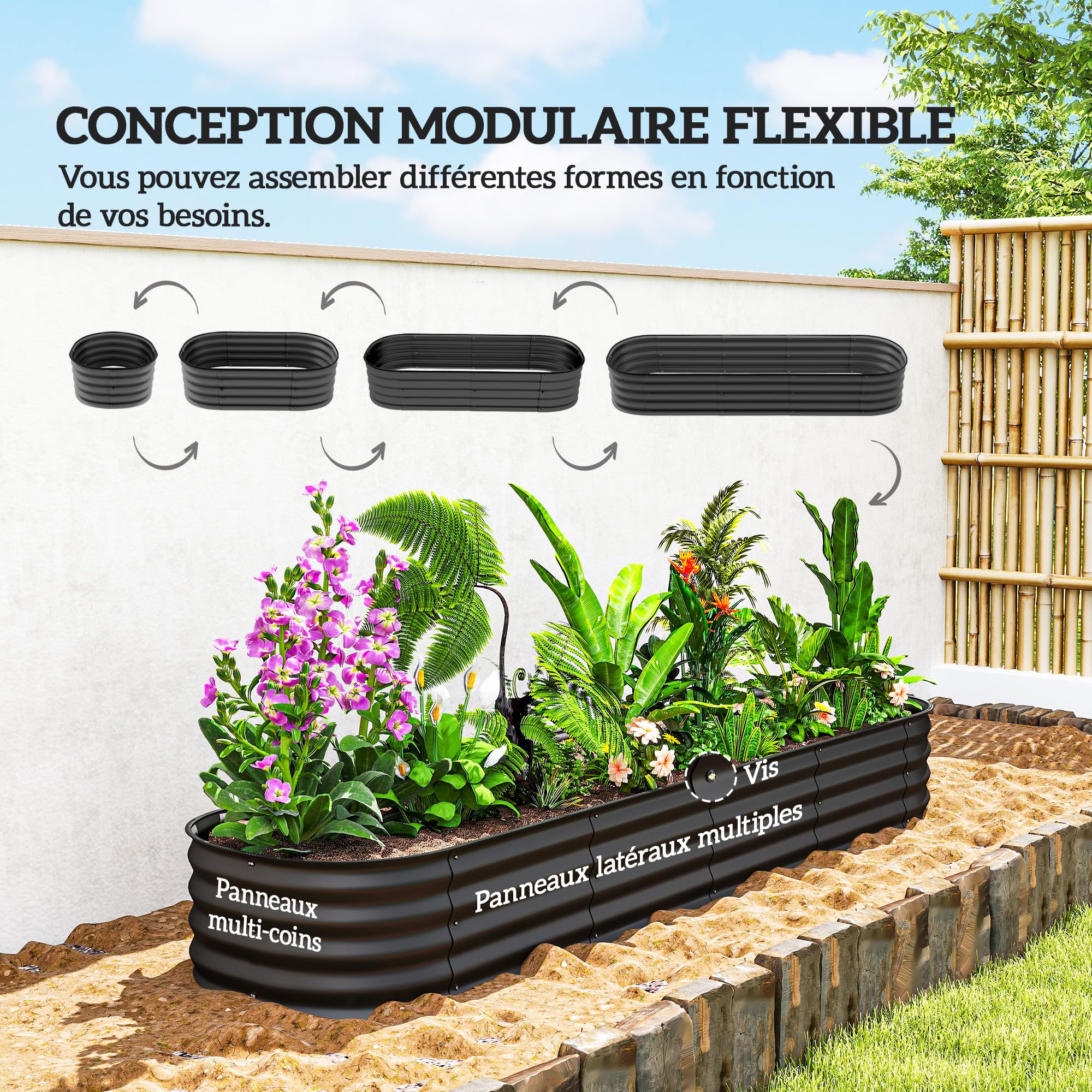 Outsunny Jardinière carré Potager de Jardin en Acier galvanisé modulable pour légumes, Plantes, Fleurs, dim. 240 x 62 x 30 cm, Gris foncé
