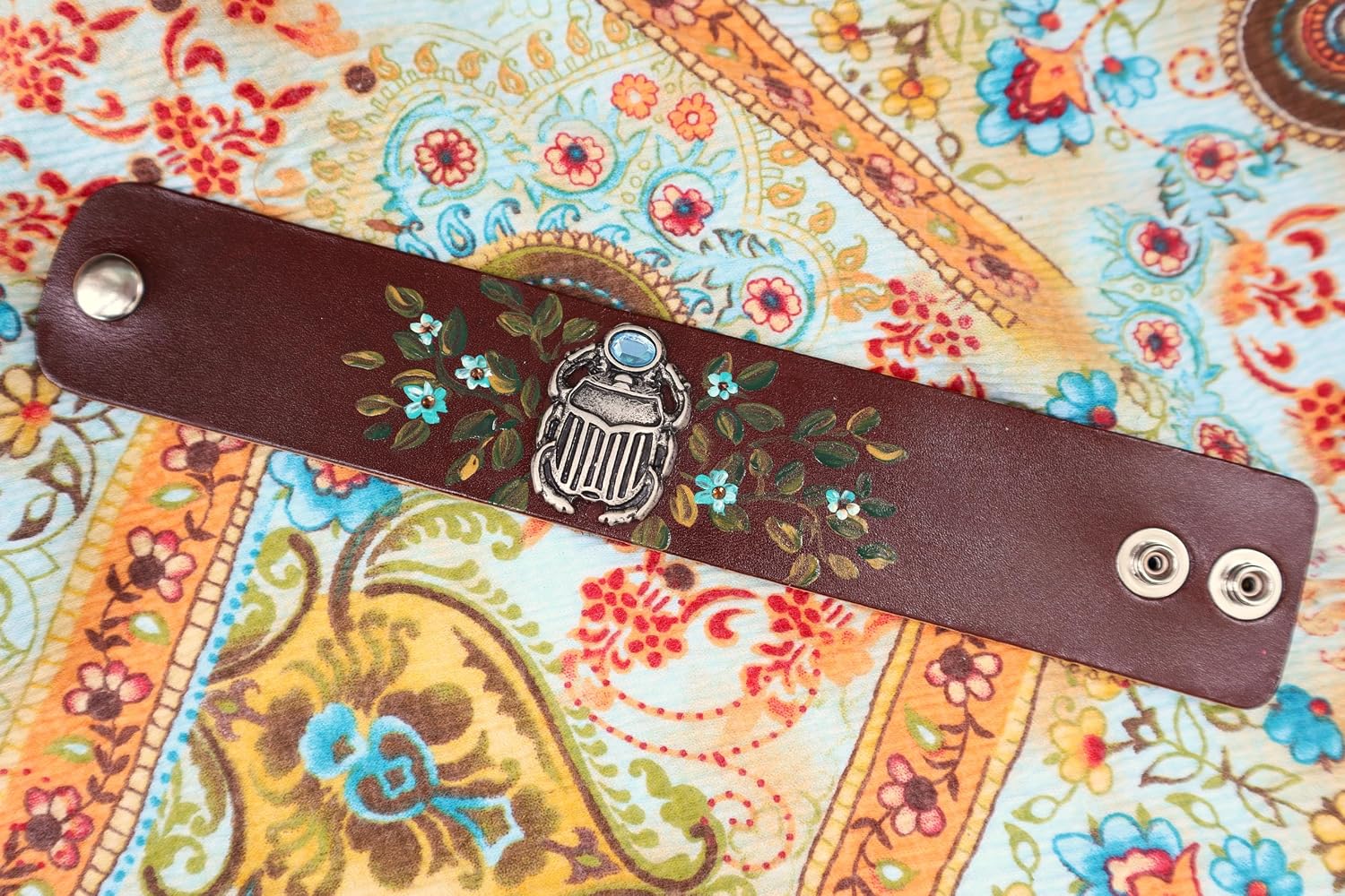 Silver Scarab Beetle Bug Stud Adjustable Brown Leather Cuff Bracelet with Hand Painted Turquoise Blue Flowers Protection Bohemian Jewelry for Women Teen Girls