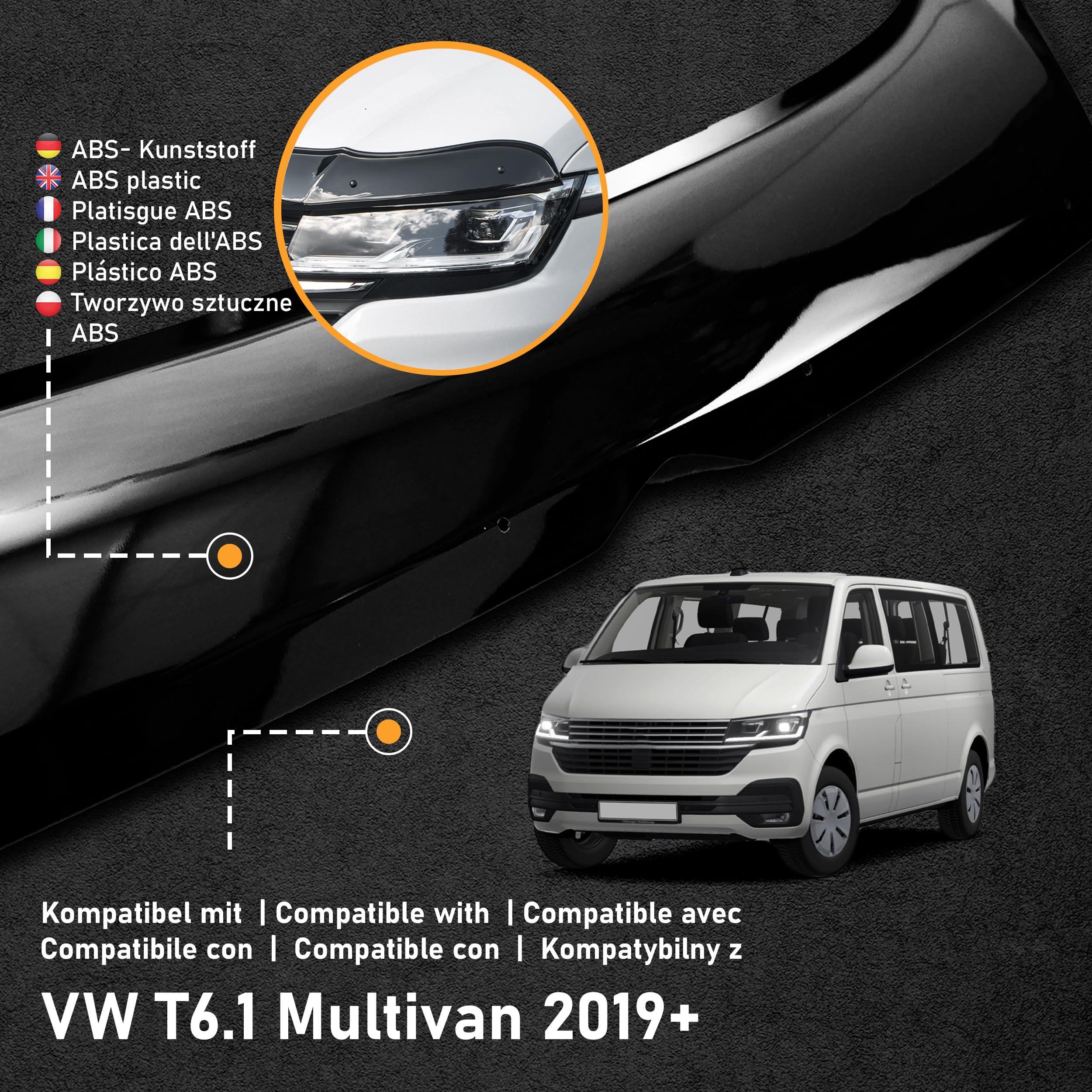 CHROMEMASTER | Akcesoria Samochodowe; Ochrona Przed Kamieniami; Osłona Maski Auta | Kompatybilna z VW T6.1 Multivan od 2019 roku | Czarne Tworzywo ABS | Deflektor Chroni Maskę Przed Uszkodzeniem