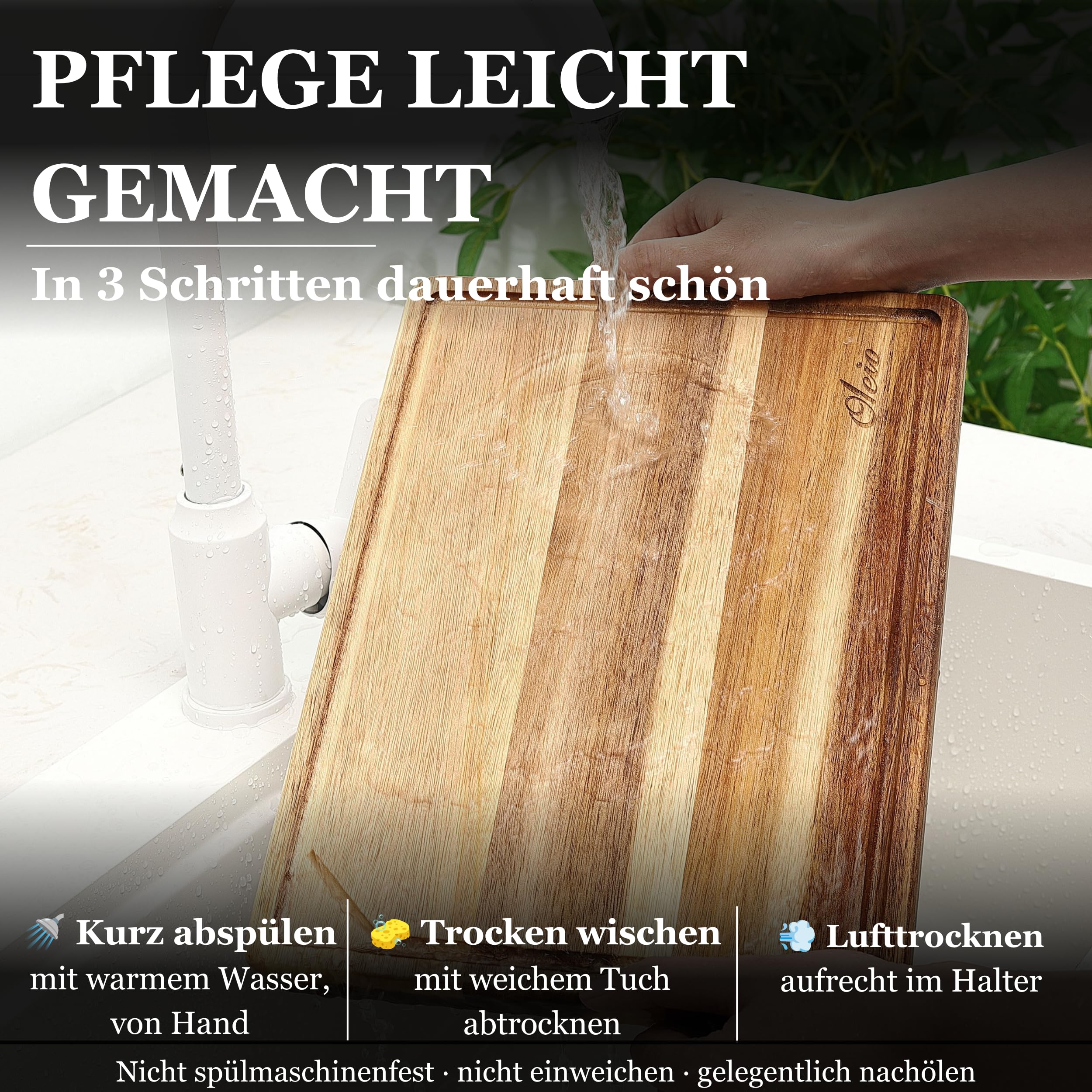 OLEIO Schneidebrett Holz 3er Set Massiv Akazie – Holzschneidebrett Küche | Mit Saftrille, Griffmulden & Halter – Schneidebretter Set 40x30/33x24/26x18cm, rutschfeste Silikonfüße