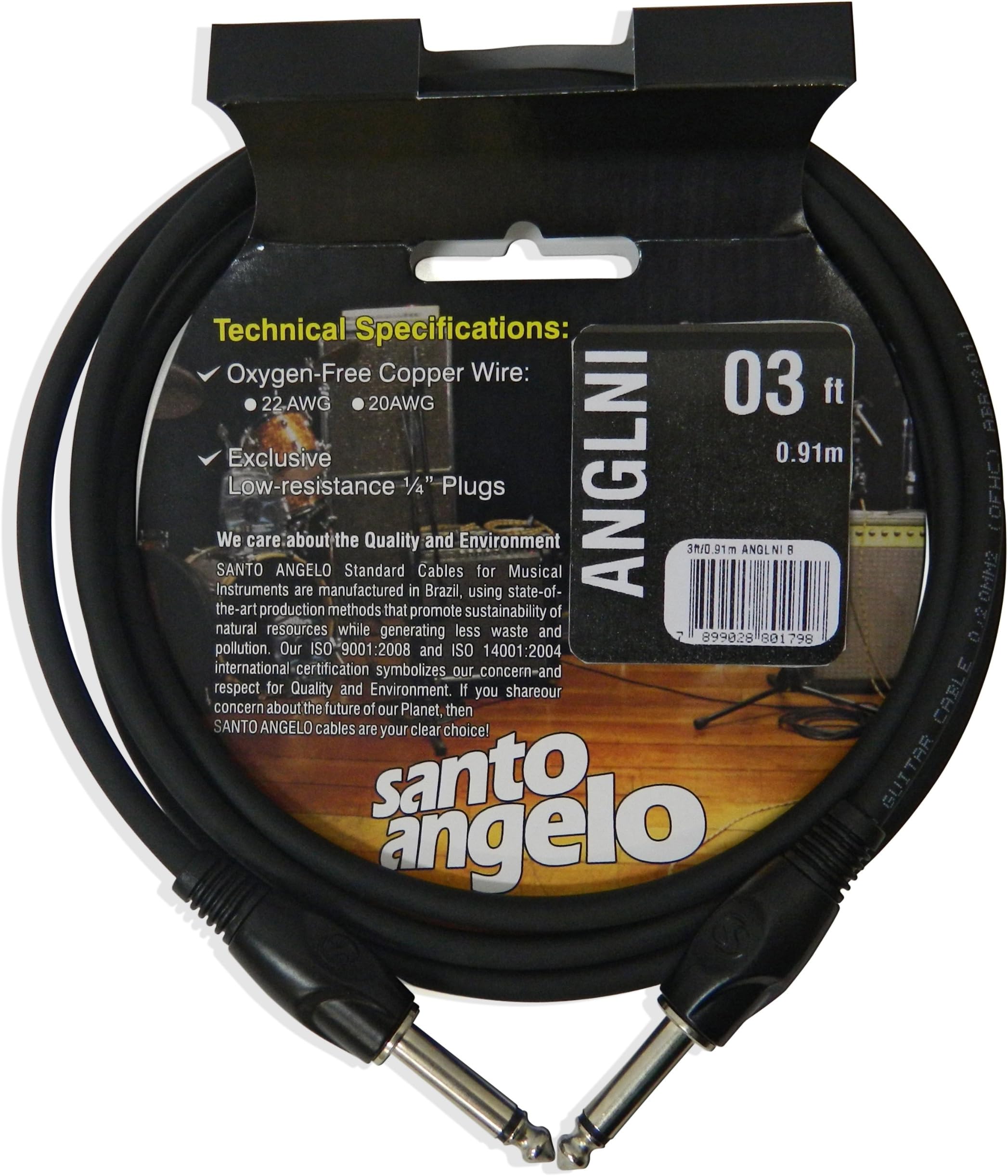 Santo Angelo ANGL NI 0.61 Inch 1/4-inch Straight Instrument Cable - 3 Feet