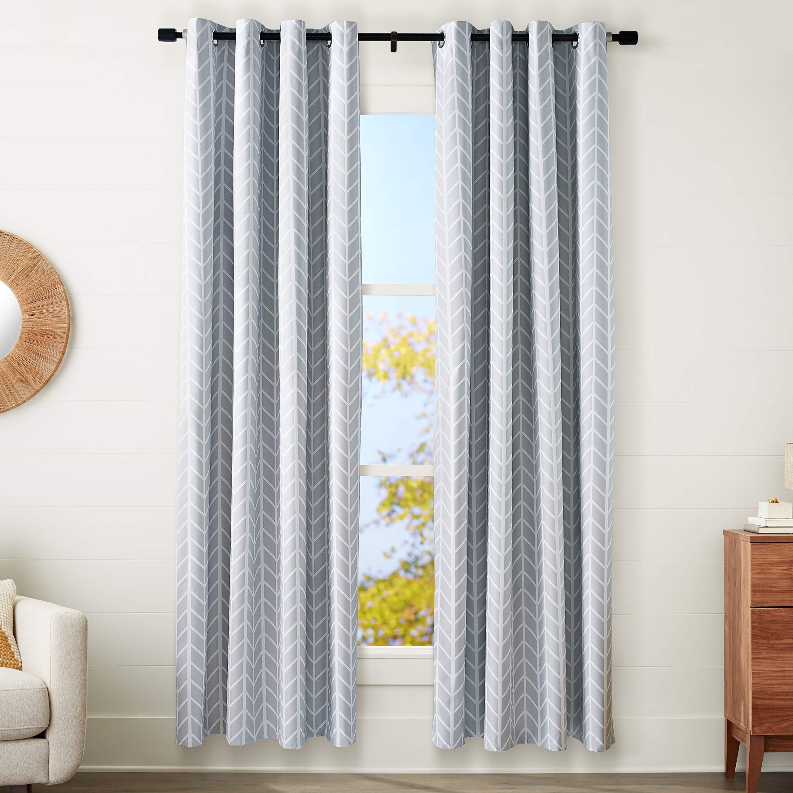 Amazon BasicsRoom-Darkening Blackout Curtain Set with Grommets - 52 x 84-Inch, Light Gray Herringbone, 2 Panels