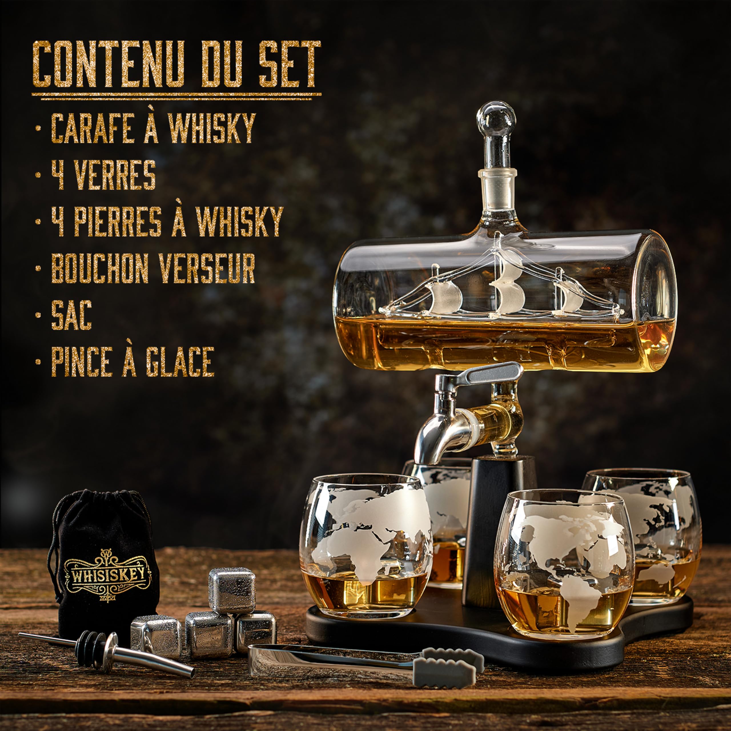WHISISKEY Carafe Whisky - Carafe à Whisky - 1100ML - Coffret Cadeau Homme - Coffret Whisky Luxueux - Idee Noel - Decanter avec 4 Verre à Whisky, 4 Pierre a Whisky, Whiskey Accessories