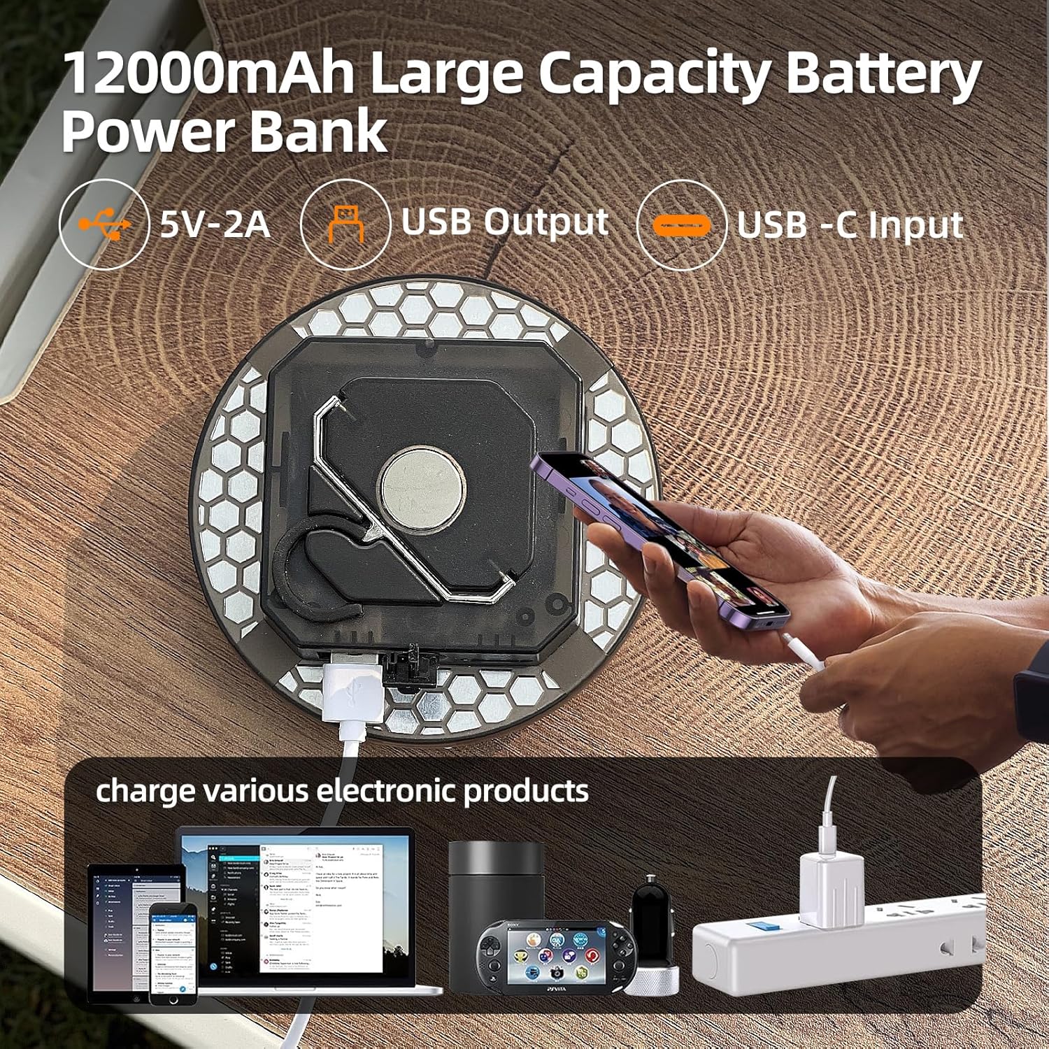 12000mAh (45W) Camping Hanging Tent Light Emergency Power Outage Lantern Home Use 4000LM 3 Modes IPX5 Waterproof Outdoor Walking Rock Climbing Work Rechargeable Camping Light - Image 3