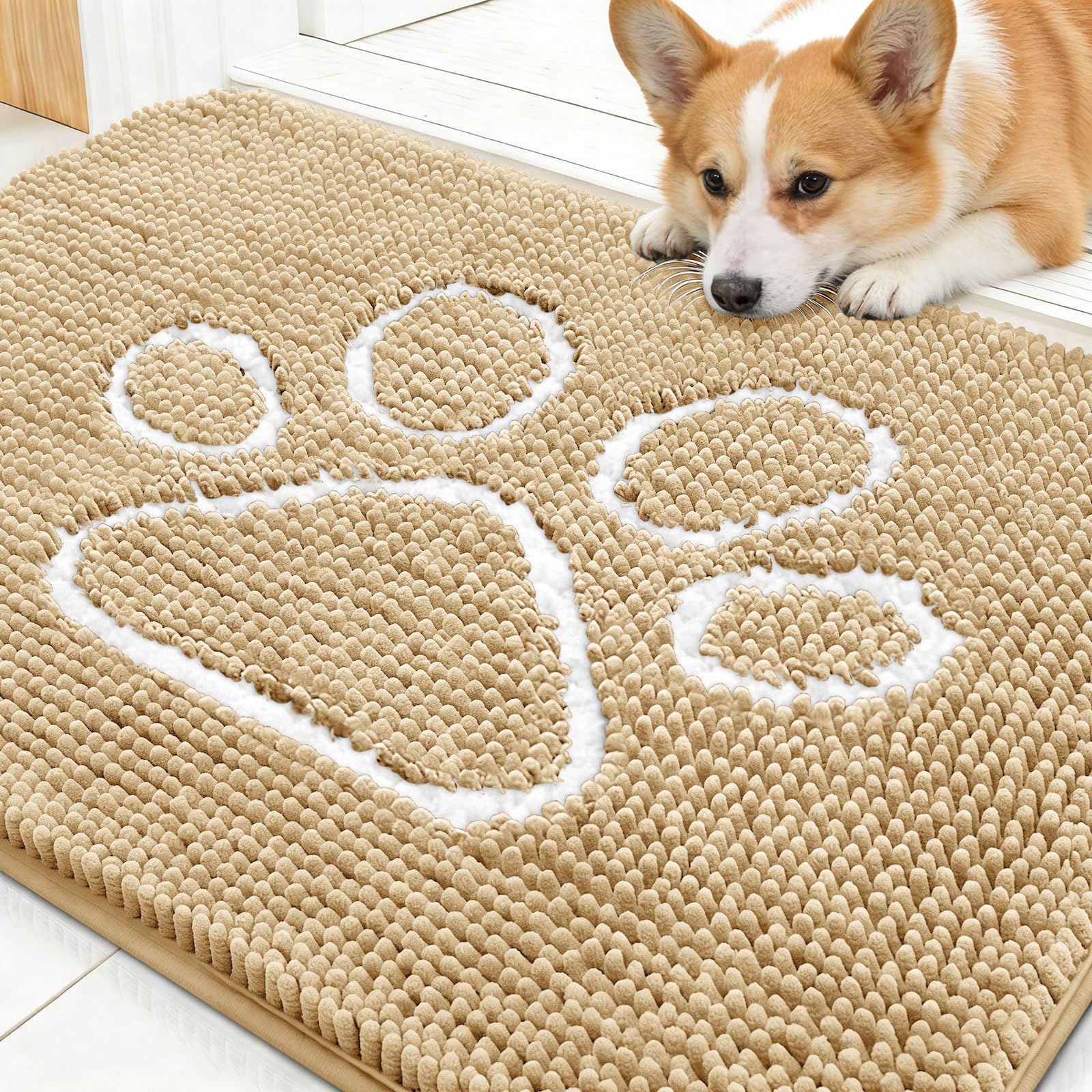 OLANLY Dog Door Mat for Muddy Paws 30x20, Paw Print Design Chenille Mud Mat