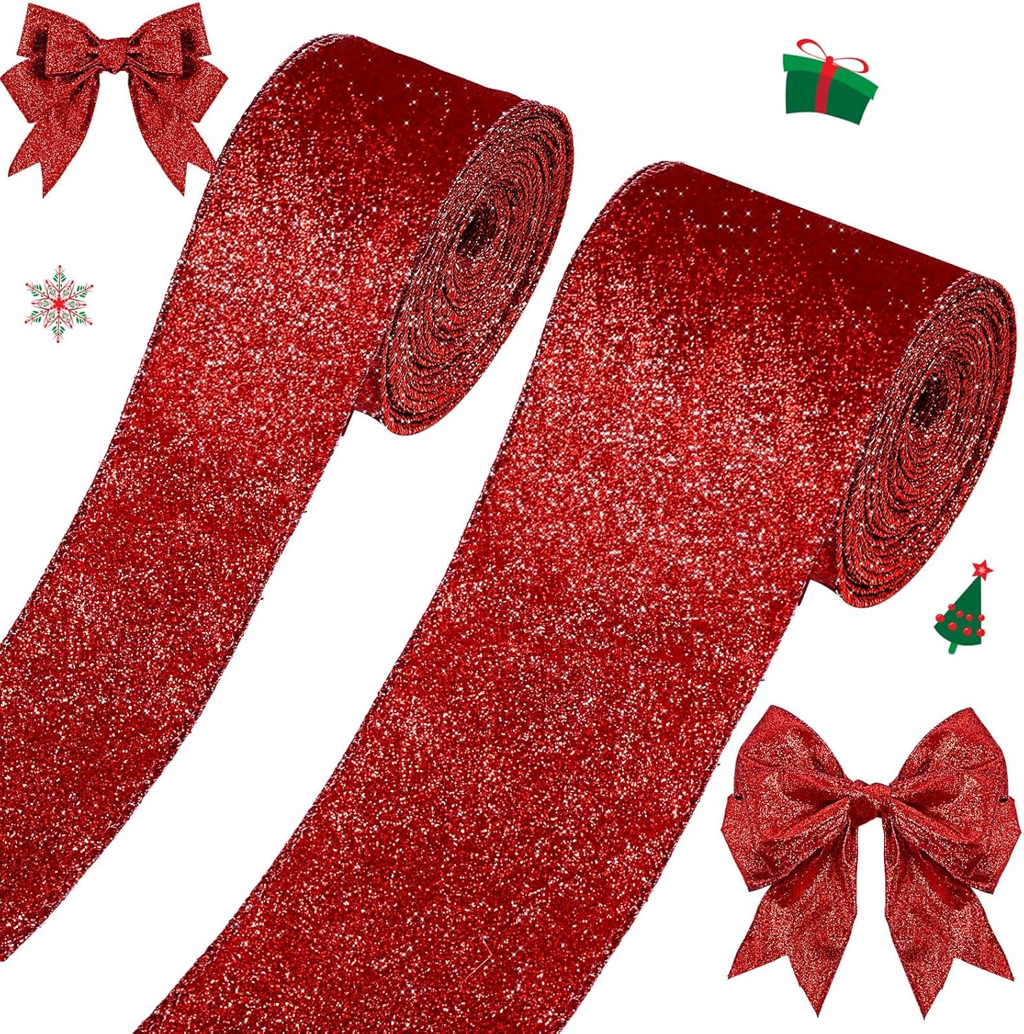 Amazon.com: Juinte 2 Roll 20 Yards Christmas Ribbon Wired Glitter Thick Ribbon Metallic Wired 