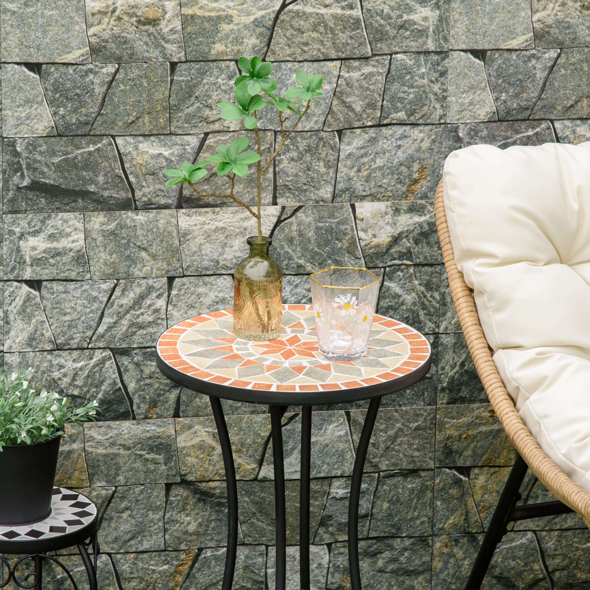 Outsunny Tavolino da Giardino Rotondo Ø35.5x53.5 cm Ceramica Mosaico Metallo Nero Giallo Grigio Bianco
