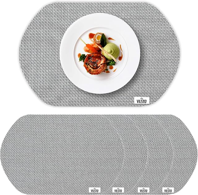 VILSTO Dining Table Place Mats, Table Cloth Wipeable, PVC Table Protector Heat Resistant, Plastic Tablecloth, Dinner Set Table Mats Worktop Saver, Round Placemats Set of 4, Grey
