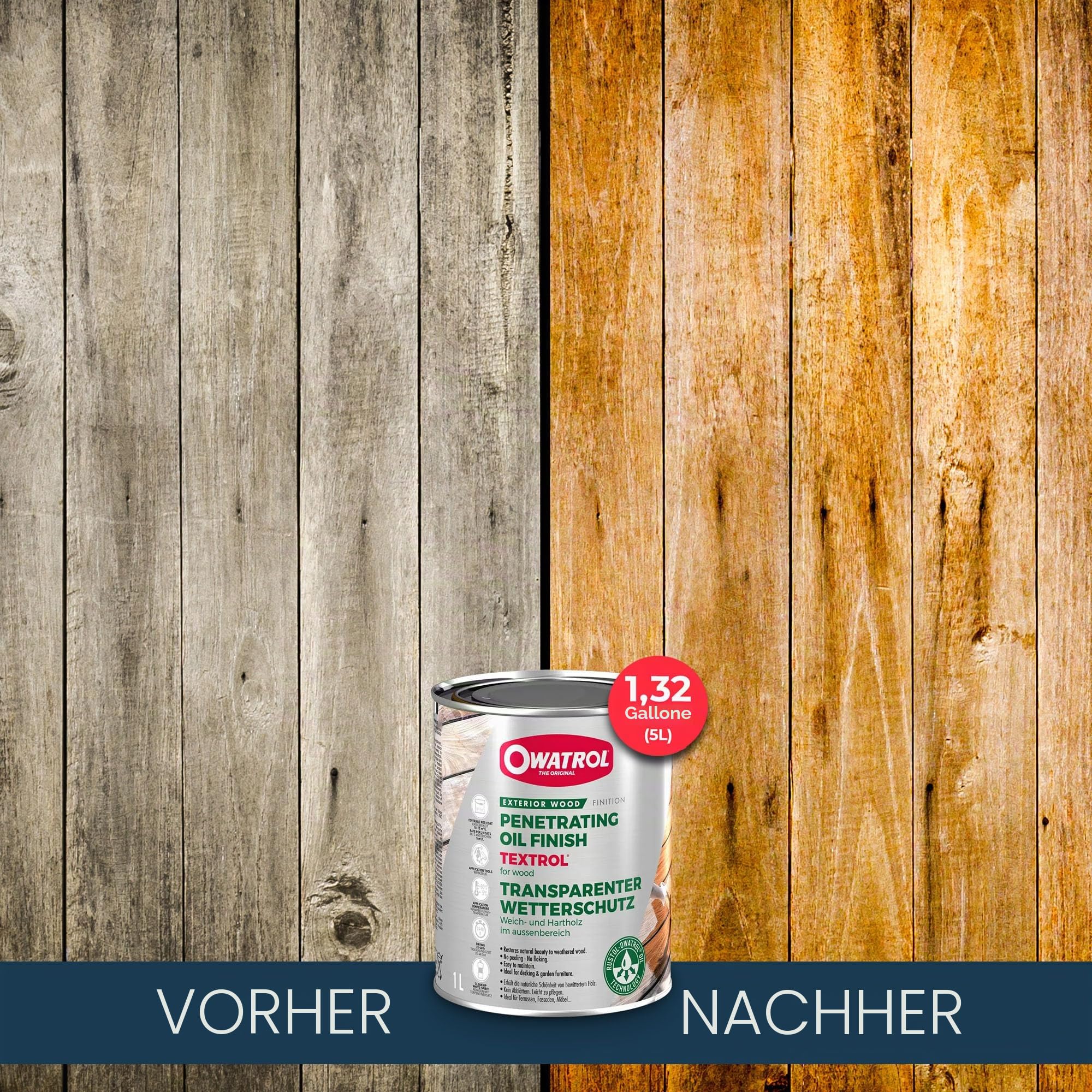 OWATROL TEXTROL - Farblose Tönung - Saturator Holz Outdoor auf Basis natürlicher Pflanzenöle für Hütten Barrieren Schuppen Außenholzverkleidung - Holz Terrassenöl - 5 L
