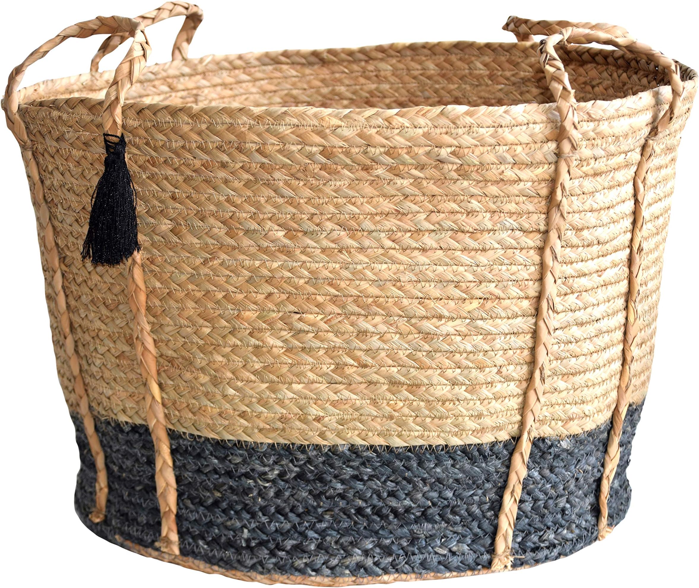 Beige Black Handwoven Natural Seagrass Multipurpose Basket for Storage, Laundry, Planter (Extra X Large)