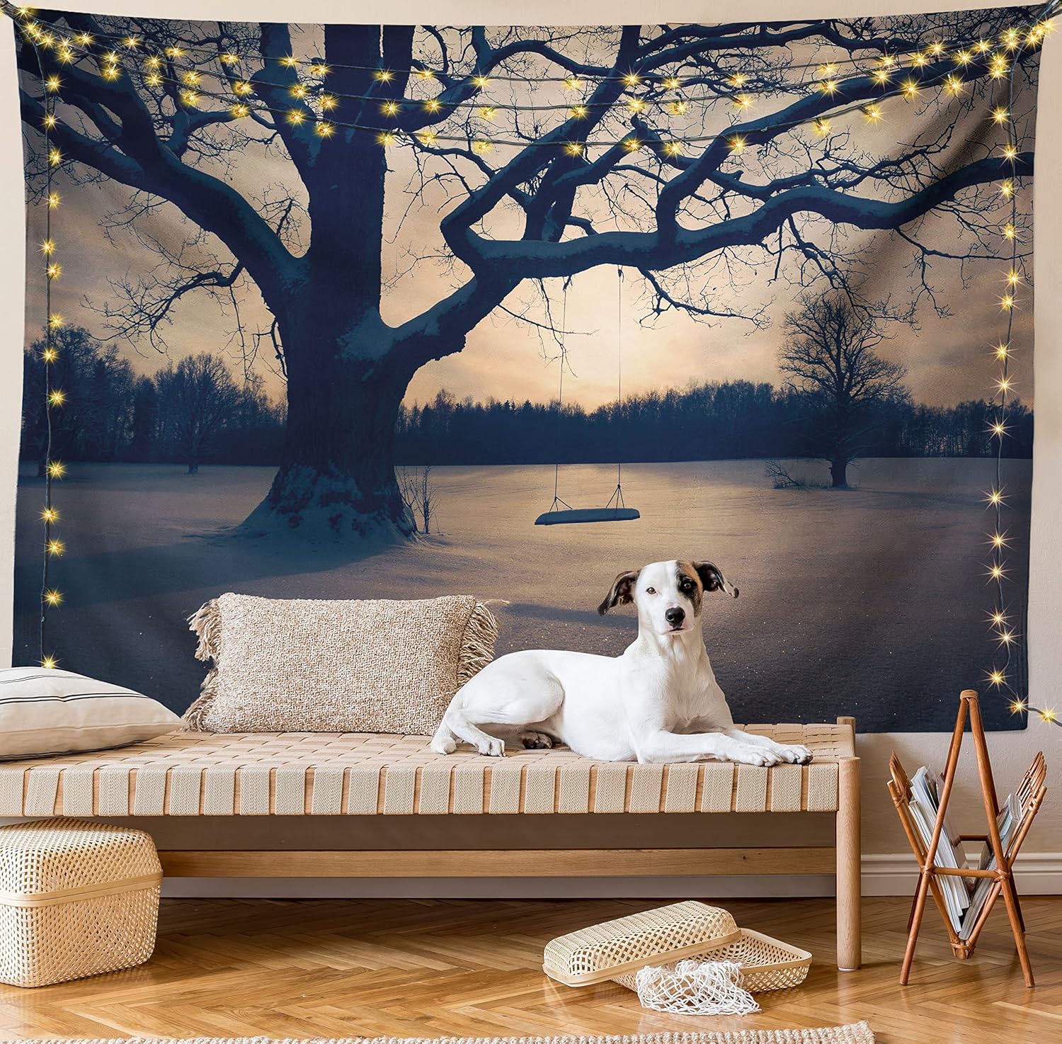 Lunarable Tree of Life Tapestry King Size, Majestic Tree in The Garden with A Swing Nostalgic Dramatic Winter Scenery, Wall Hanging Bedspread Bed Cover Wall Decor, King Size, Blue Grey