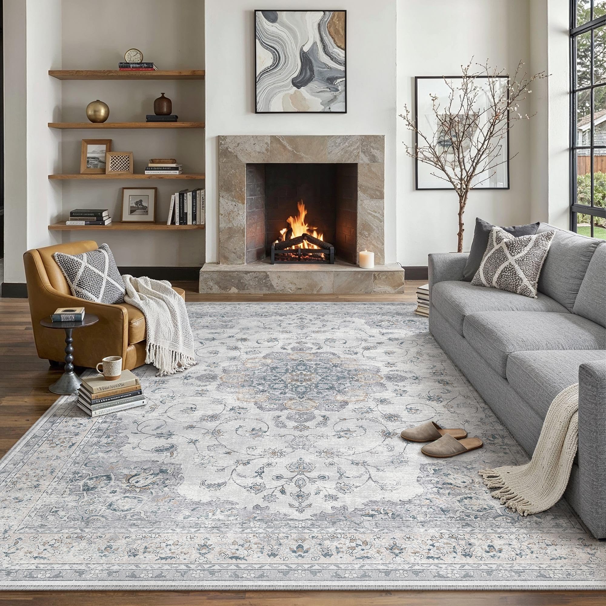 hugear machine washable area rugs 8x10 vintage blue large living room bedroom rug neutral style non slip stain resistant low pile throw carpet for home retro aesthetic modern decor