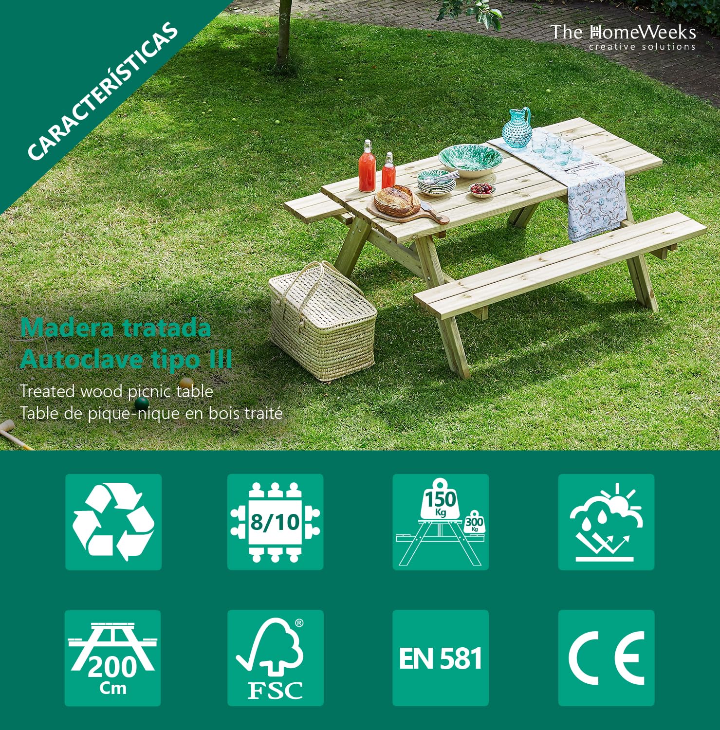 The Homeweeks Mesa Picnic jardín Madera tratada en Autoclave | Strong 200 | con 2 Bancos abatibles | 198x154x74 cm | 8/10 Adultos | Espesor 42 mm | normativa EN581 | FSC