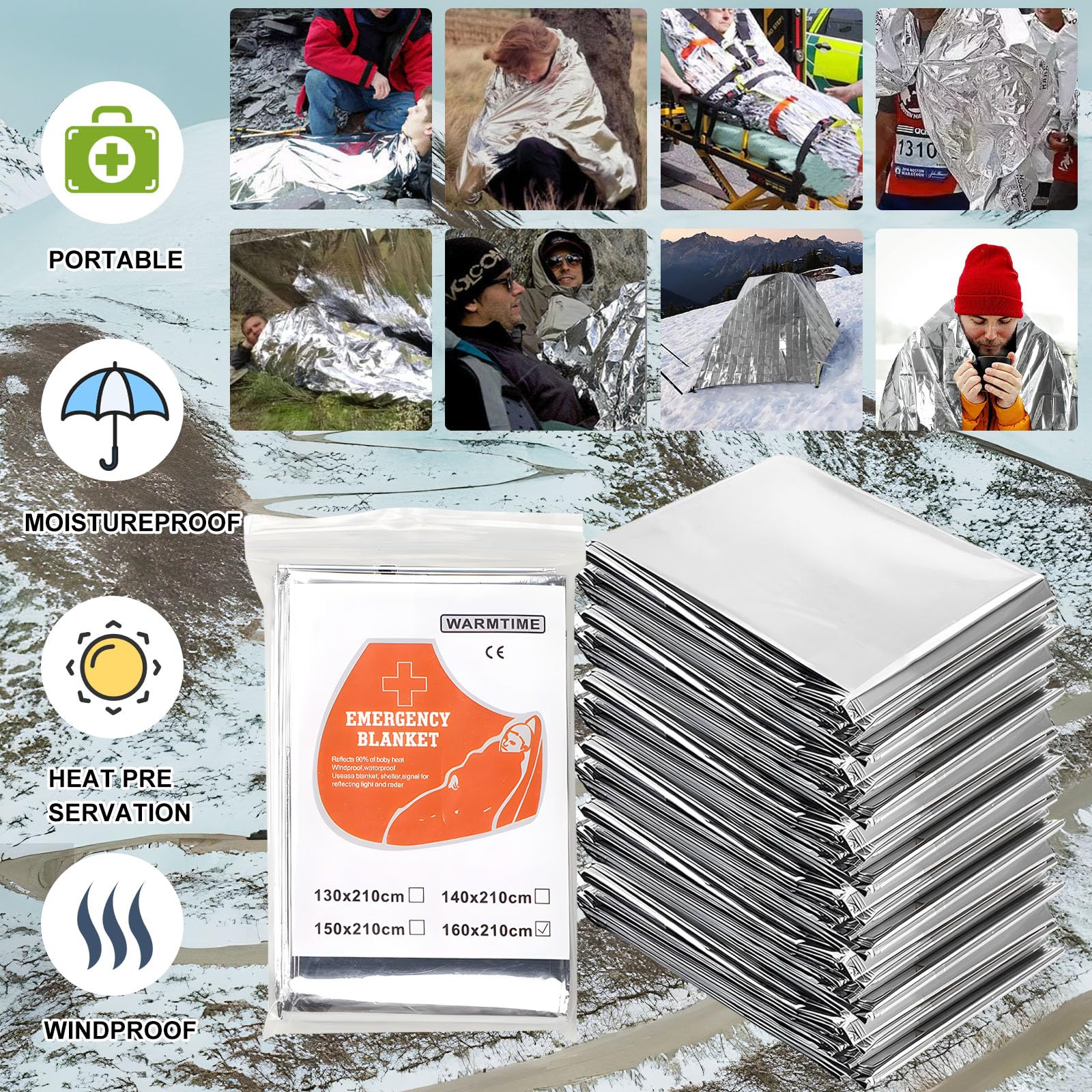 AUSYIWI 12pcs - Argento Coperta Termica Emergenza, 210×160cm Coperta Isotermica, Coperta Termica di Pronto Soccorso Impermeabile per Salvataggio Protegge da Freddo, Pioggia, Calore e Vento