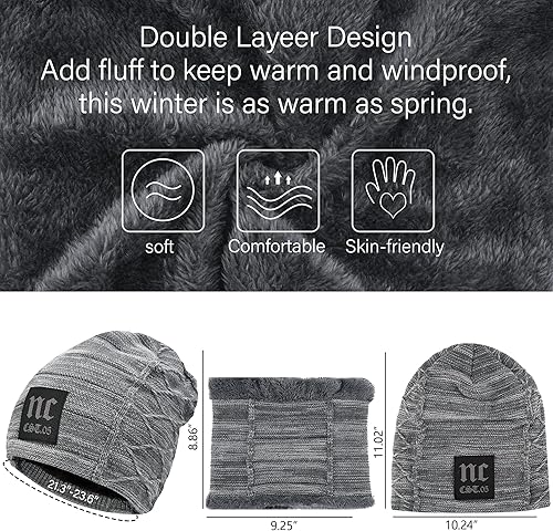 Vista 45 de FZ FANTASTIC ZONE Conjunto de gorro de invierno para hombre y mujer, bufanda de punto cálido, forro polar grueso, gorro de calavera, calentador