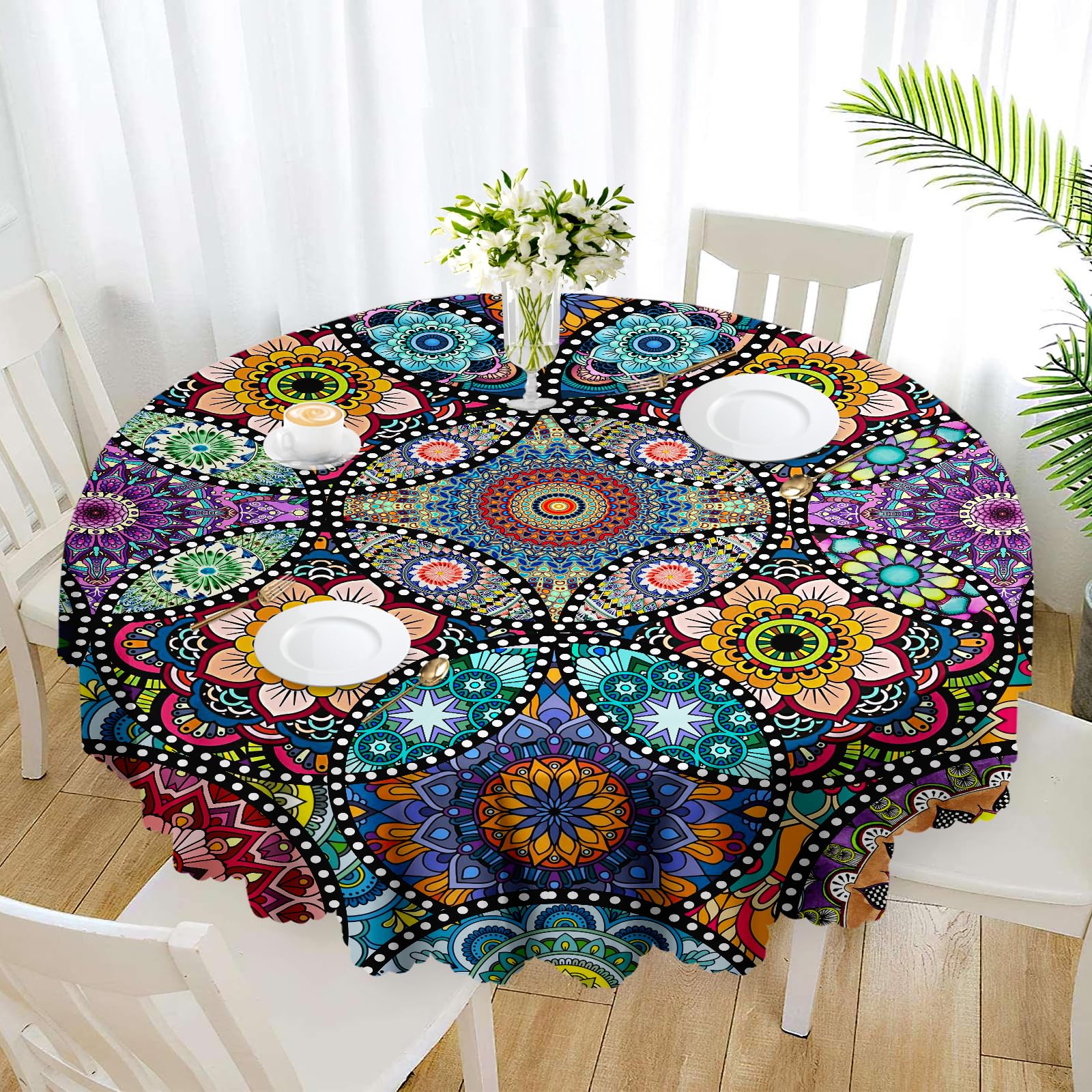 Eikione Boho Round Tablecloth 70 Inch Bohemia Table Cloth, Tablecloth Polyester Waterproof Stain Wrinkle Free, Indoor and Outdoor Round Table Cover — image 1