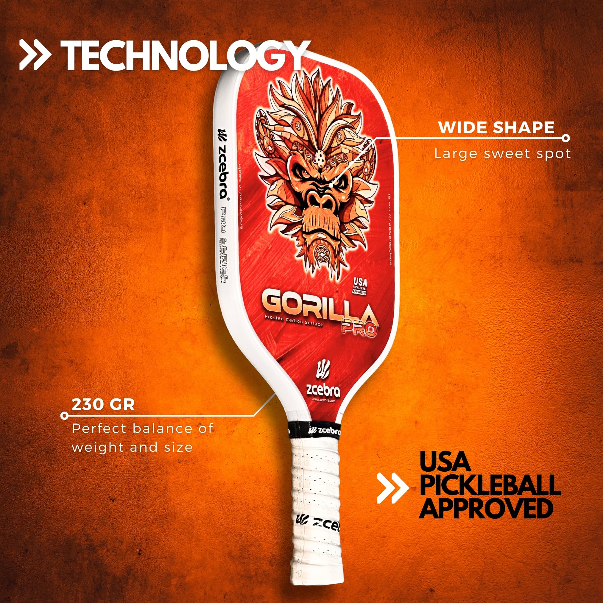 Pickleball Paddle Graphite – Raquette en Fibre de Carbone renforcé 16 mm d'épaisseur de Panneau d'abeille en polypropylène Texture Rugueuse – Set Housse en néoprène – Gorilla Pro Orange