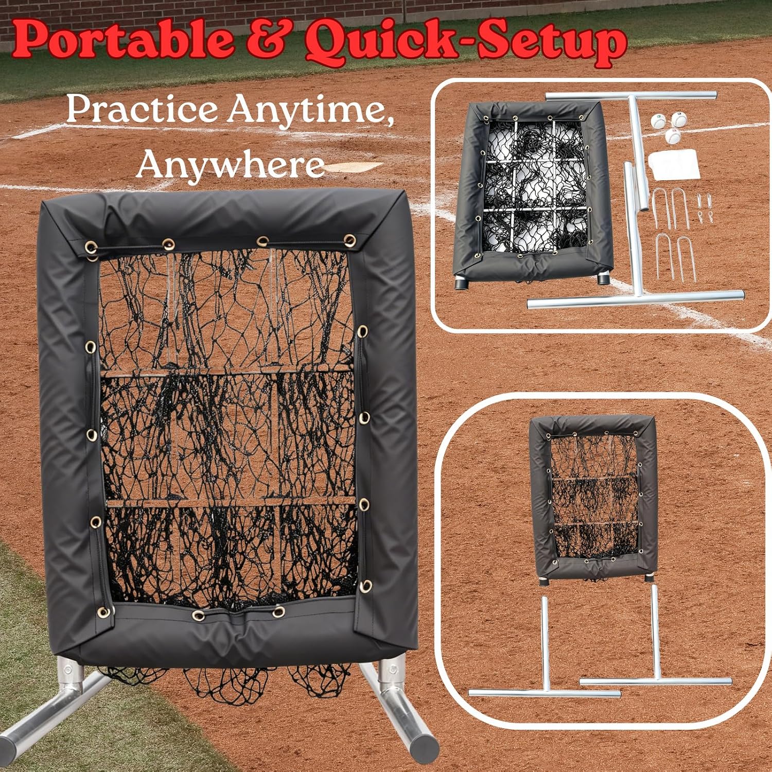 Heavy Duty 9 Hole Pitching Net with Strike Zone – 4 Adjustable Height Baseball & Softball Training Target for All Ages – Portable 9 Pocket Pitching Net for Backyard, Bullpen & Team Practice