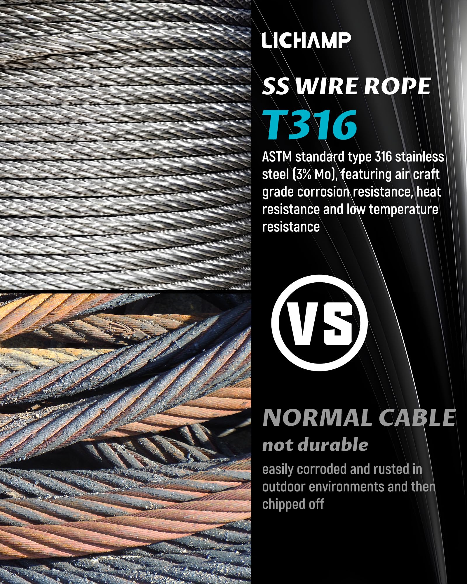 Lichamp 1/8 cable de cuerda de alambre de acero inoxidable, 350FT aviones 316 SS trenzado alambre de acero fino cable de metal para barandilla de cubierta sistema de seguridad