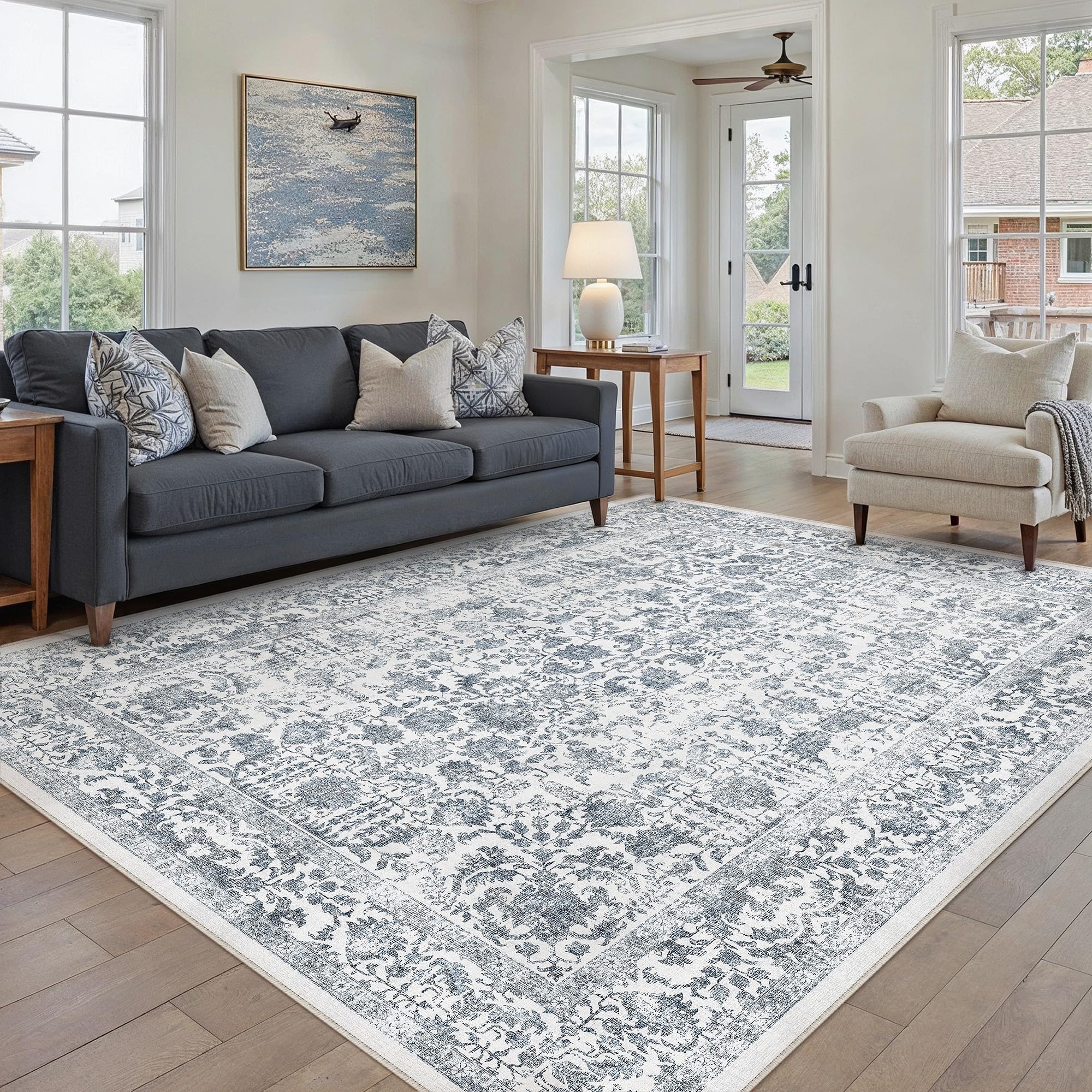 PureCozy Navy Blue Area Rug 5x8 Machine Washable Vintage Living Room Distressed Non Slip Carpet Traditional Indoor Bedroom Retro Floral Accent Throw Large Rug for Office Kitchen Bathroom Dining Room — image 1