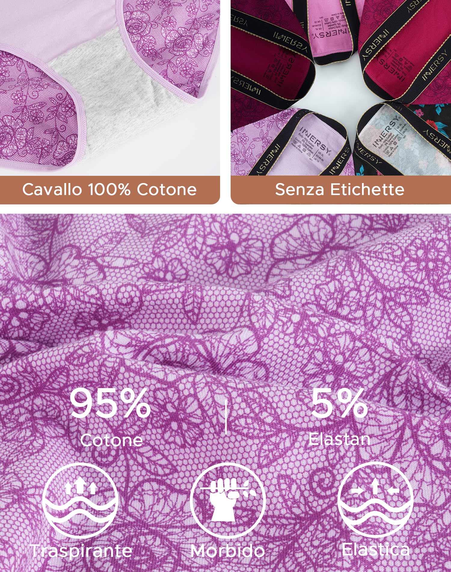 INNERSY Mutande Donna Cotone Taglie Forti Slip Vita Alta Mutandine Culotte 40-62 (M-5XL) Pacco da 5