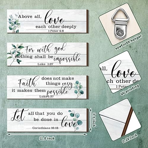 Miniatura 3 de Yulejo 4 piezas de versículos bíblicos para decoración de pared, salmos escrituras, letrero cristiano de madera, arte de pared rústico, decoración