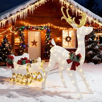 DL-win Christmas Decorations Outdoor, Christmas Reindeer & Sleigh 3D Super Large Lighted Holiday Displays Family Set Decoration for Outdoor & Indoor Yard, White