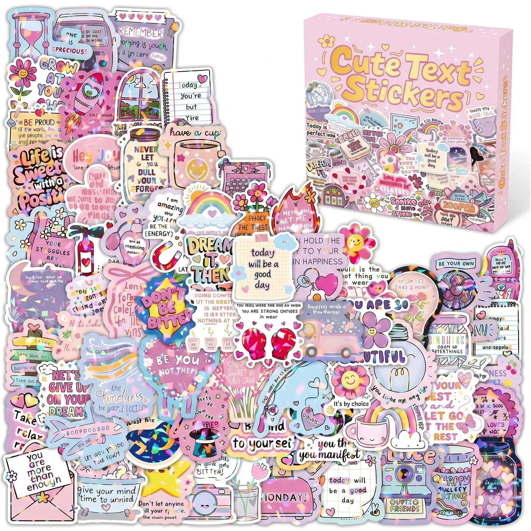 200PCS Holographic Quote Stickers with Foil Stamping Gift Box Cute Trendy Funny Aesthetic Stickers Waterproof Motivational Stickers for Planner Journal Laptop Scrapbook Decals Gifts