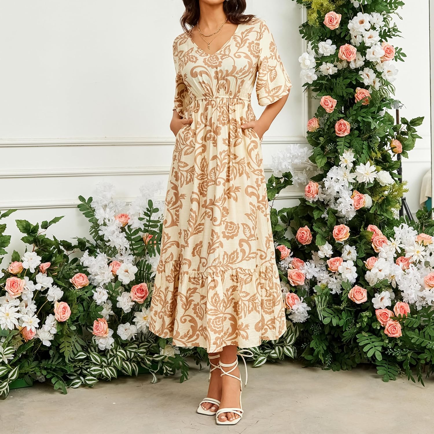 Women's Summer Short Sleeve Maxi Floral Flowy Dresses with Pockets - Image 5