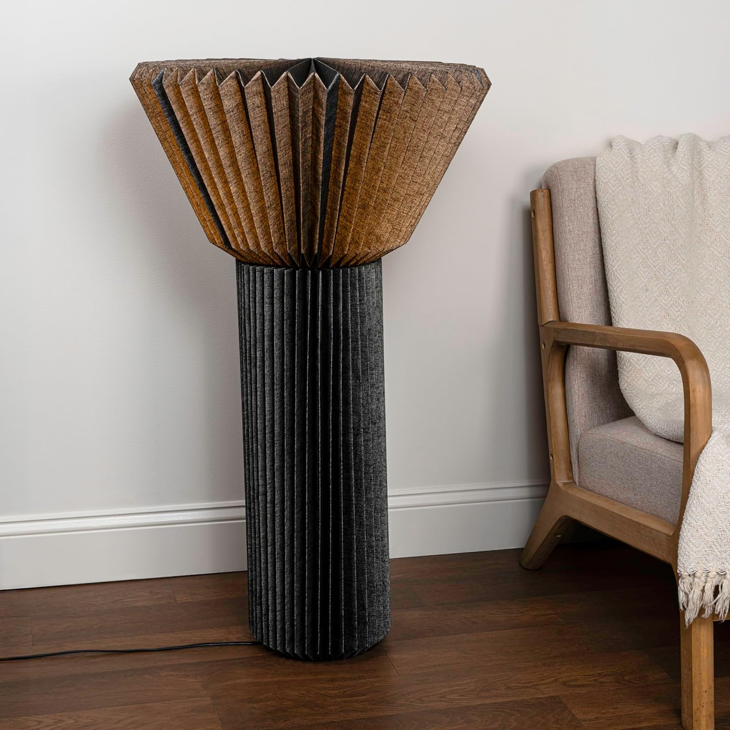 JONATHAN Y 37" Black Modern Minimalist Floor Lamp for Living Room Bedroom, Archer Pleated Paper Shade, Scandinavian Standing Light, Mango Wood Base, LED Bulb Included JYL9104A