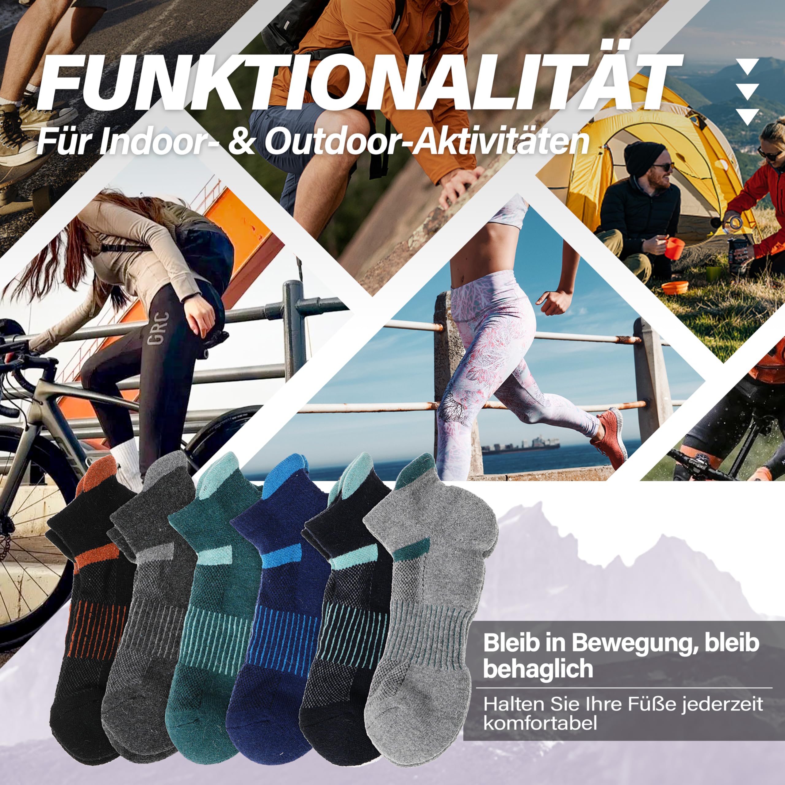 MOSEY KOSY Merino Kurz Wandersocken Sneaker Socken, Warme Wolle Laufsocken, Kompressions Sportsocken Thermosocken Wollsocken für Herren Damen 6 Paar