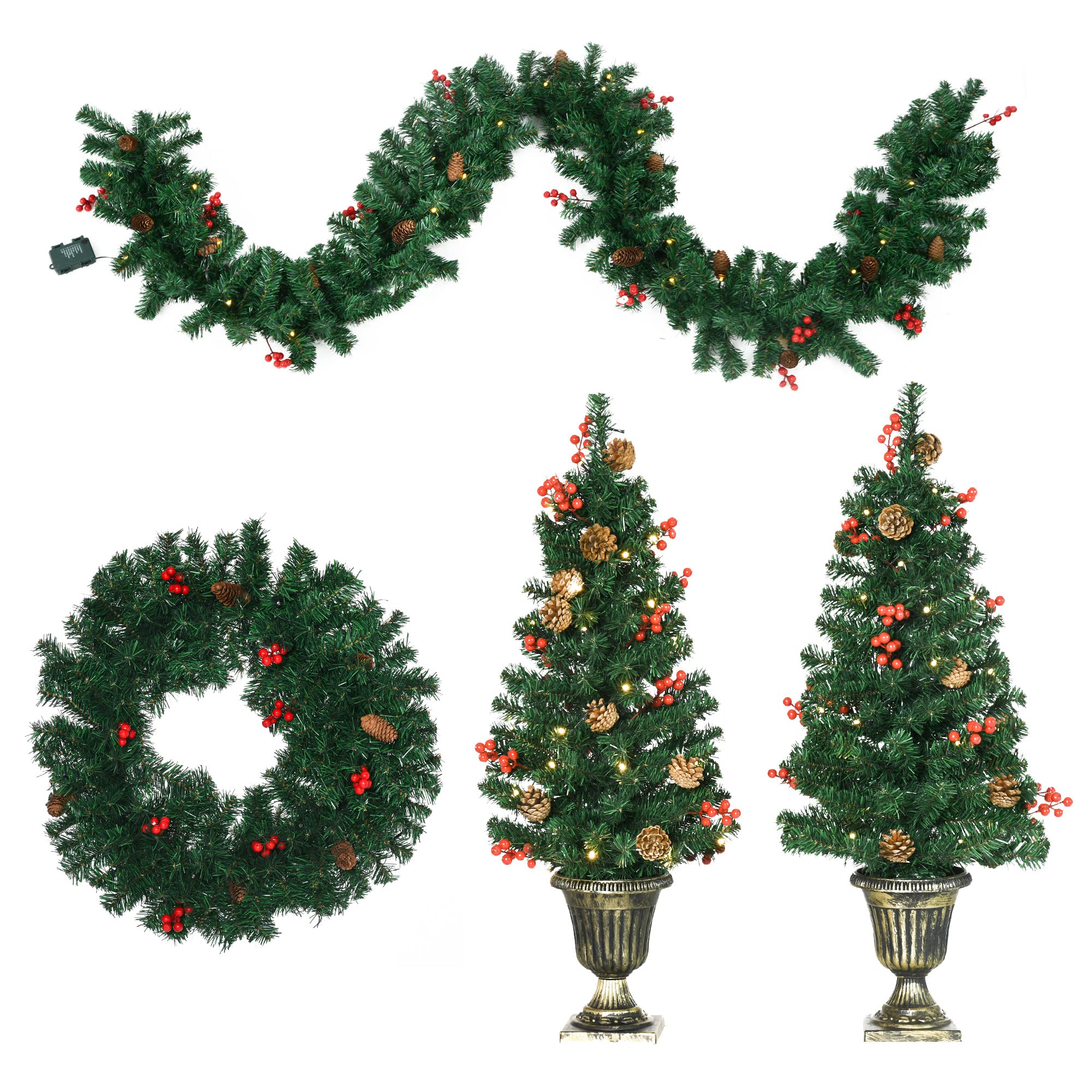 HOMCOM Lot de 4 Pièces Décoration de Noël Lumineuse, 1 Couronne, Vert