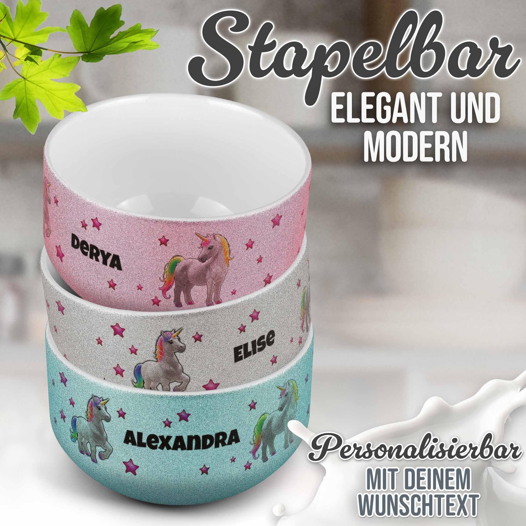 Print Royal PR Kinder-Müslischale mit Name personalisiert - Einhorn - Geschenk für Mädchen und Jungen, Kindertag, Weihnachten, Geburtstag - Keramik Schüssel Gold, 500 ml