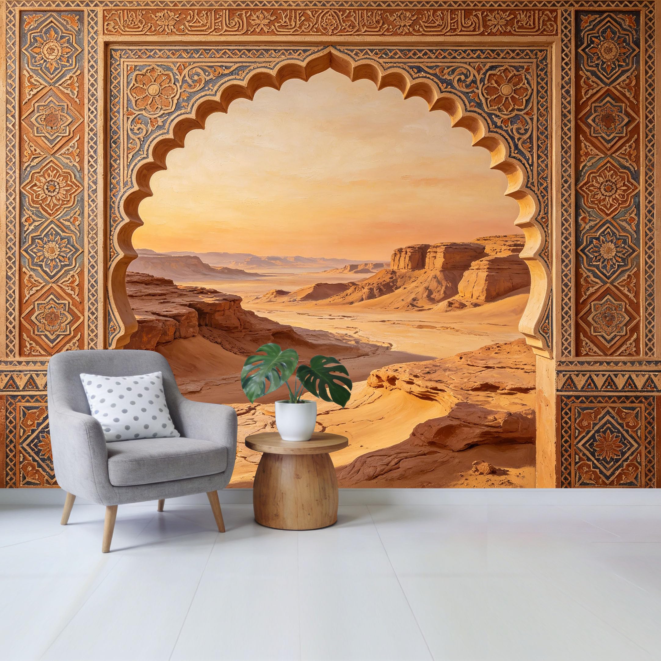 Qzlithotic Yq2605251068 Custom Size Wall Mural Middle Eastern Archway Golden Desert Landscape Oil Painting Textured Selfadhesive Wall Fabric Removable Wallpaper For Home Office Decor
