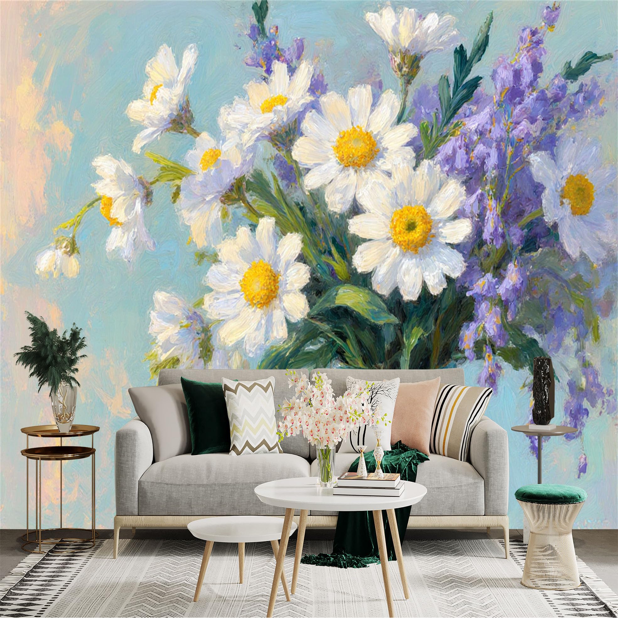 Custom Size Wall Sticker Mural， Impressionist Oil Painting of White Daisy Flowers， Blue Lavender Bouquet in Glass Vase， for wall Decoration， peelandstick wall Decals.