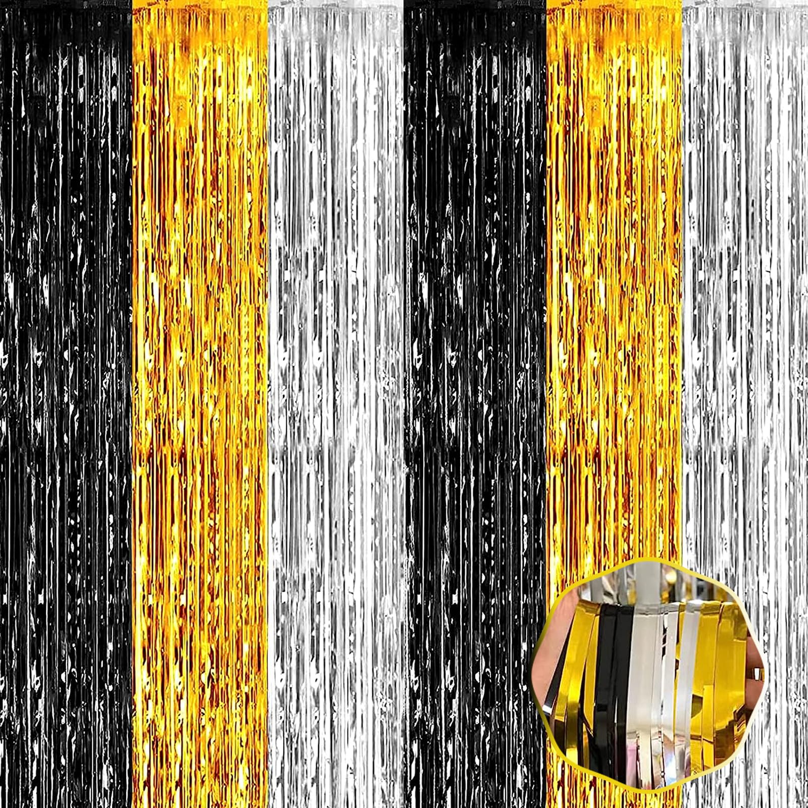 3 Pack Black Gold Silver Foil Fringe Curtain Backdrop, 3.28Ft x 9.8Ft Metallic Tinsel Foil Fringe Streamer Curtains for Photo Booth, Halloween,