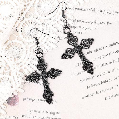 Vista 4 de Sacina Aretes de cruz gótica, aretes negros, aretes góticos, aretes góticos, joyería de cosstume, aretes de Halloween, regalo gótico de joyería
