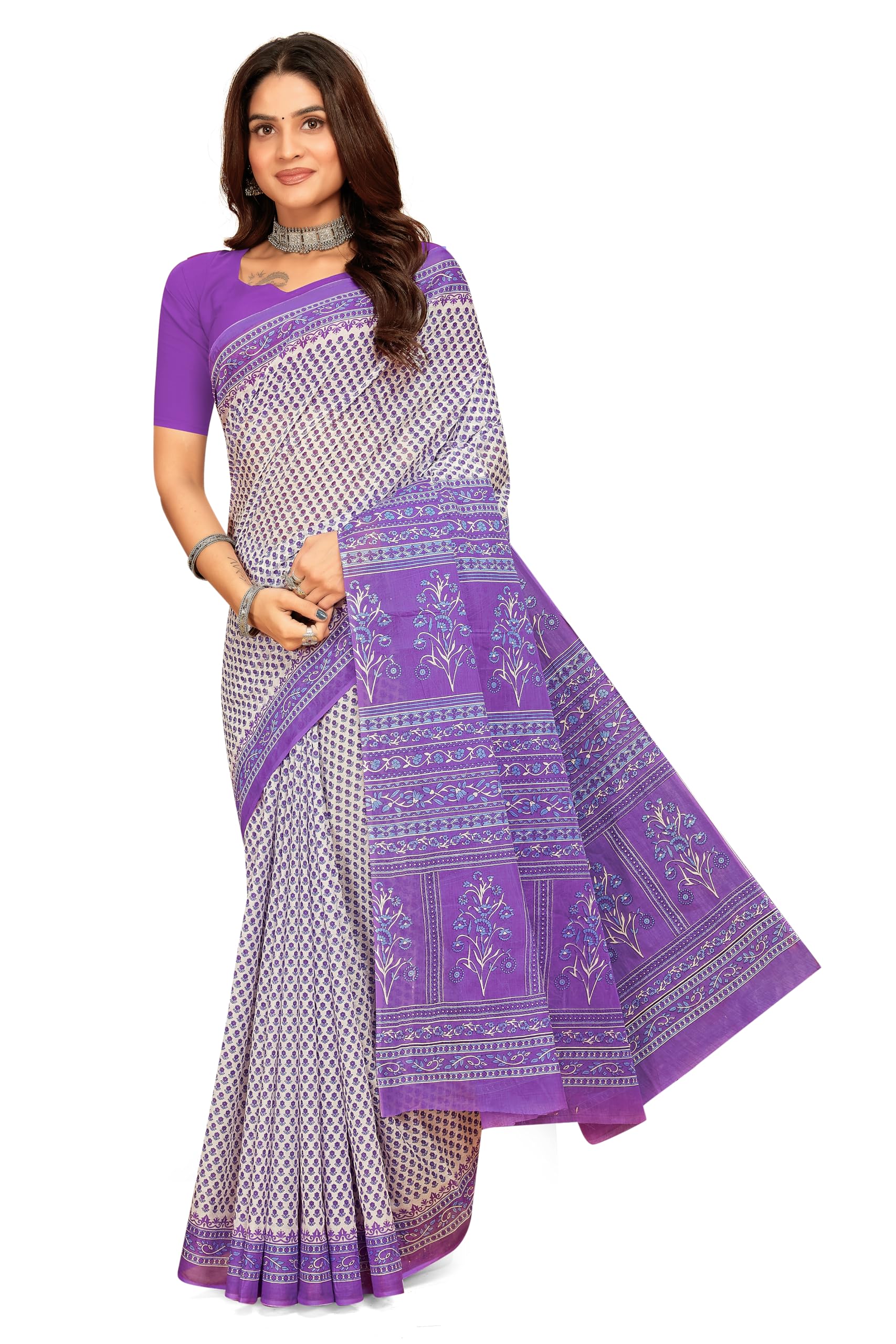 Tamaira Fashion Women's Floral Butti Printed Pure Cotton Mulmul Saree Without Blouse Piece(Ab41_Lilac)
