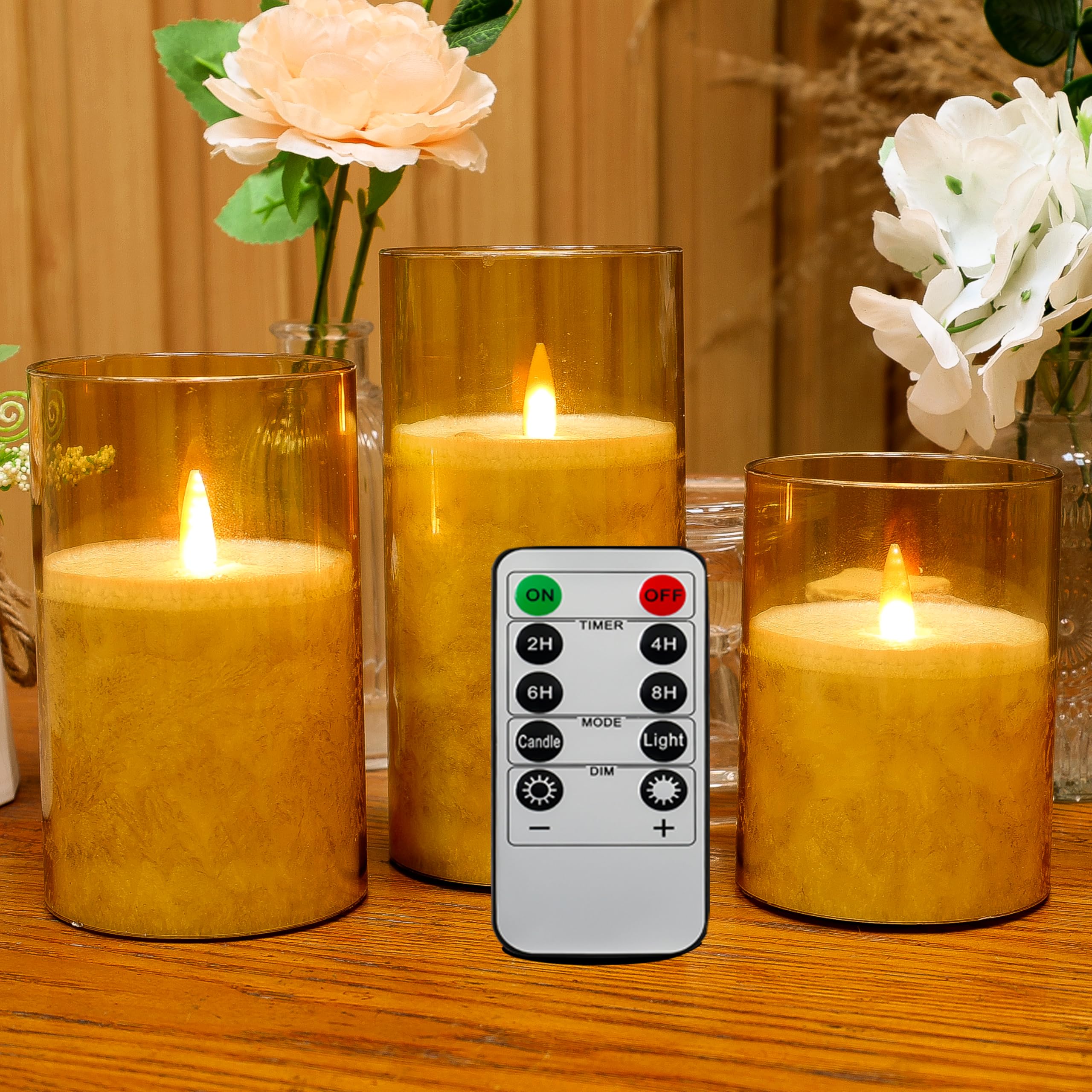 ACROSS Amber Gold Flameless Candles with Remote Control, Battery Operated Candles LED Pillar Fake Candle with Timer, 4'' 5'' 6'' Candles Set of 3 Pack.