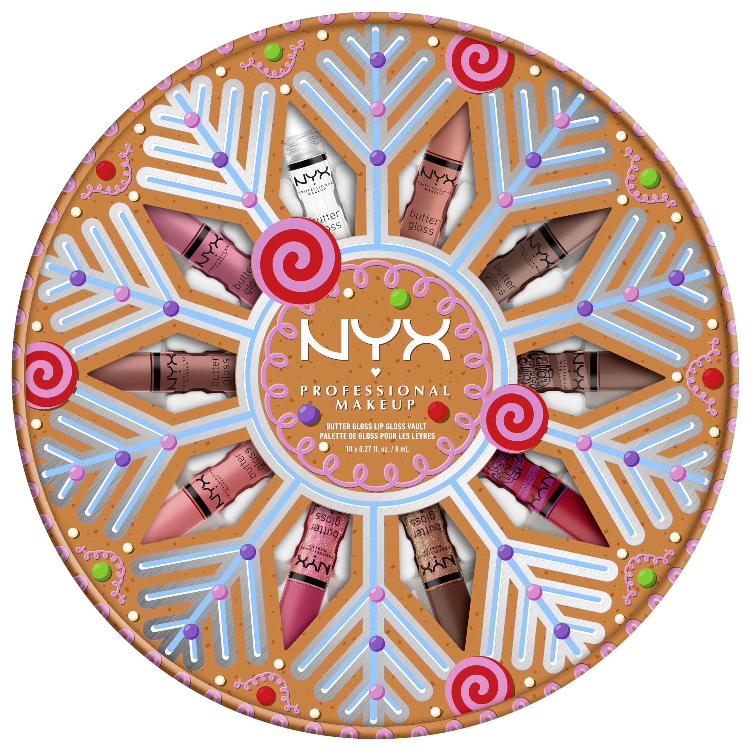NYX Professional Makeup Butter Gloss Vault Lipglosse in Schneeflocken-Optik, Mit glänzendem Finish und nicht klebriger Formel, Butter Gloss Vault, 10 Stück